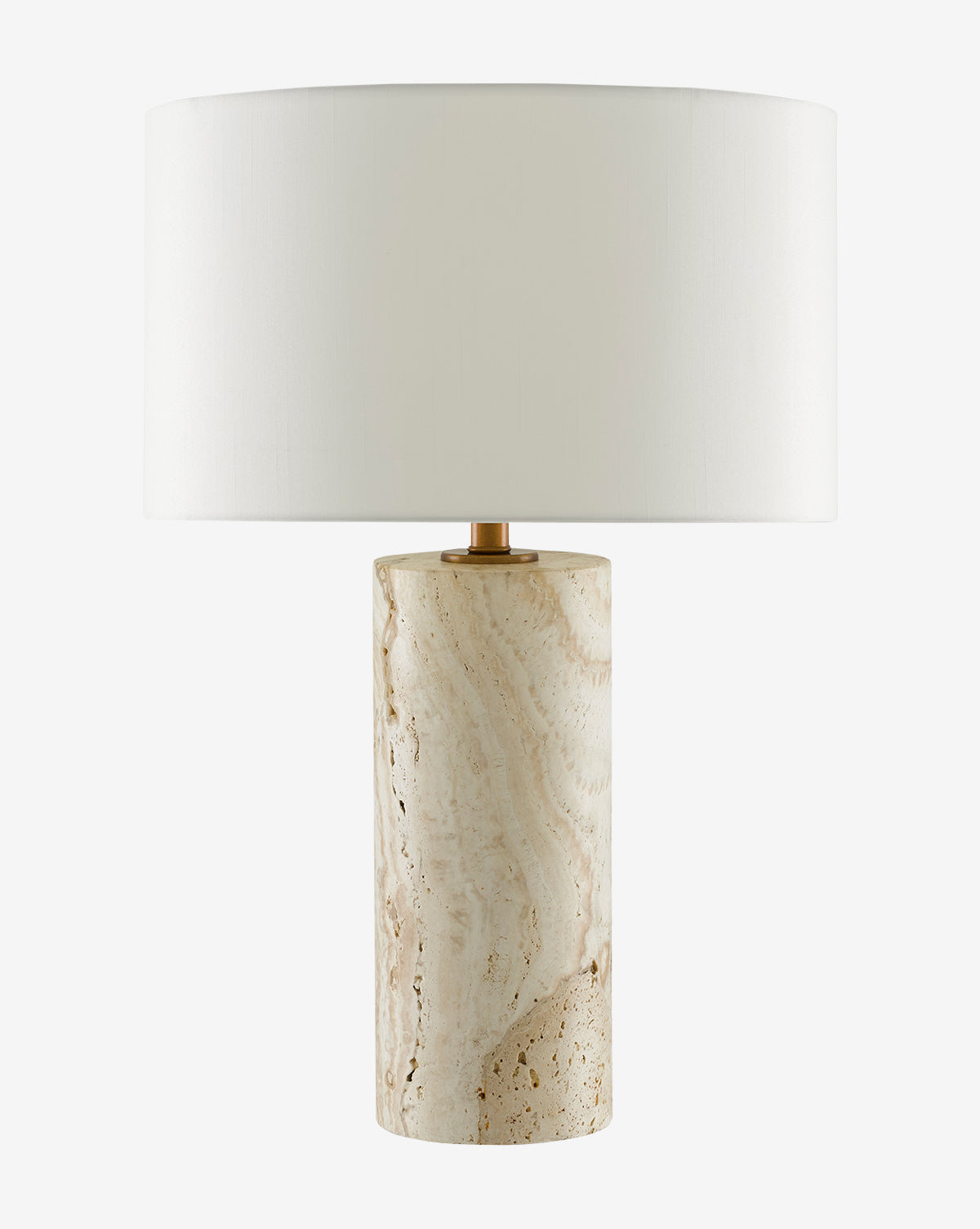 The Vespera Table Lamp boasts a cylindrical beige marble base with unique patterns, antique brass accents, and a large white drum lampshade, displayed on a plain white background by McGee & Co.