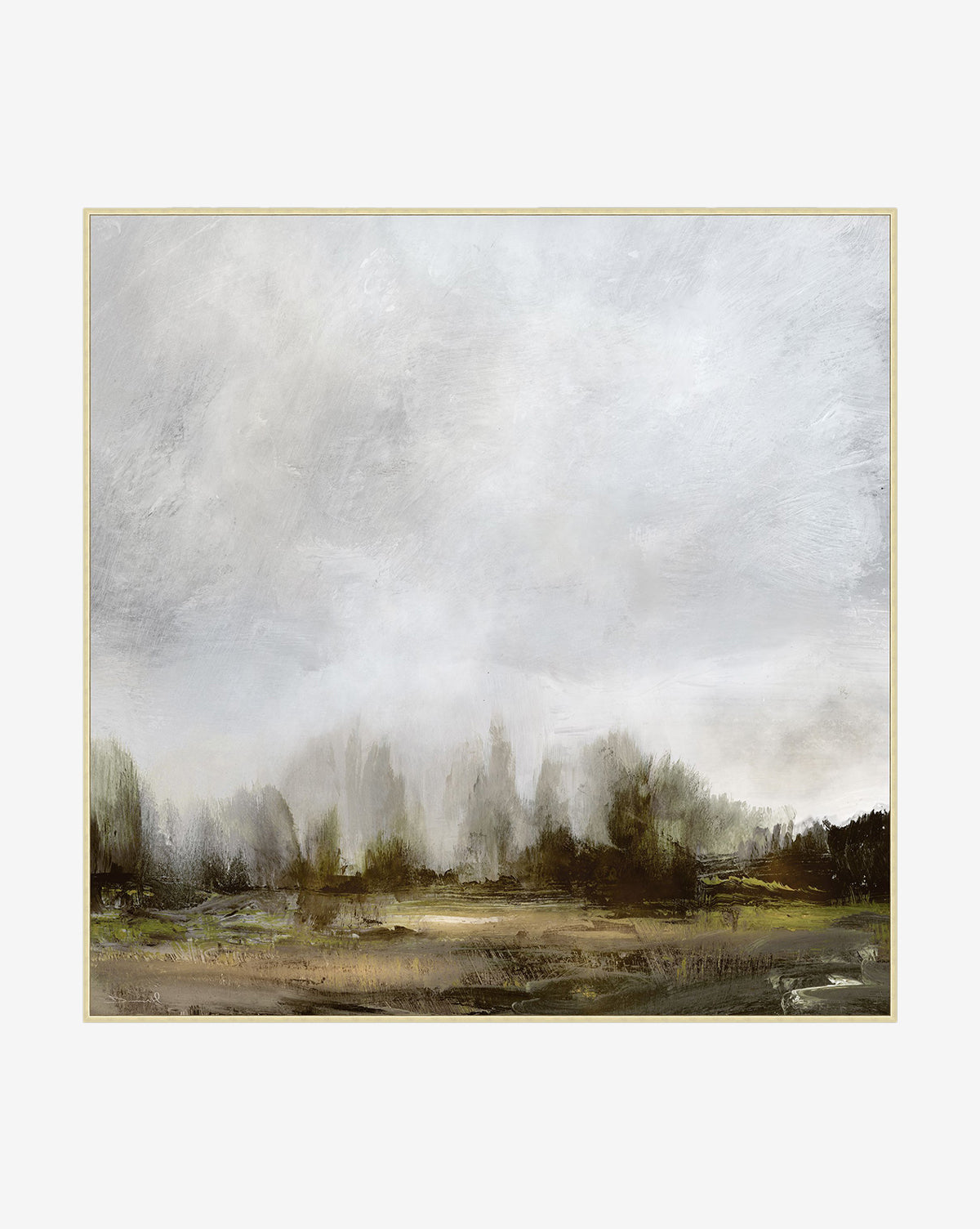 Victoria Overlook by Dan Hobday is a landscape painting on gallery-wrapped canvas, featuring a misty sky above blurred trees and fields in soft, muted gray, green, and brown tones, by McGee & Co.