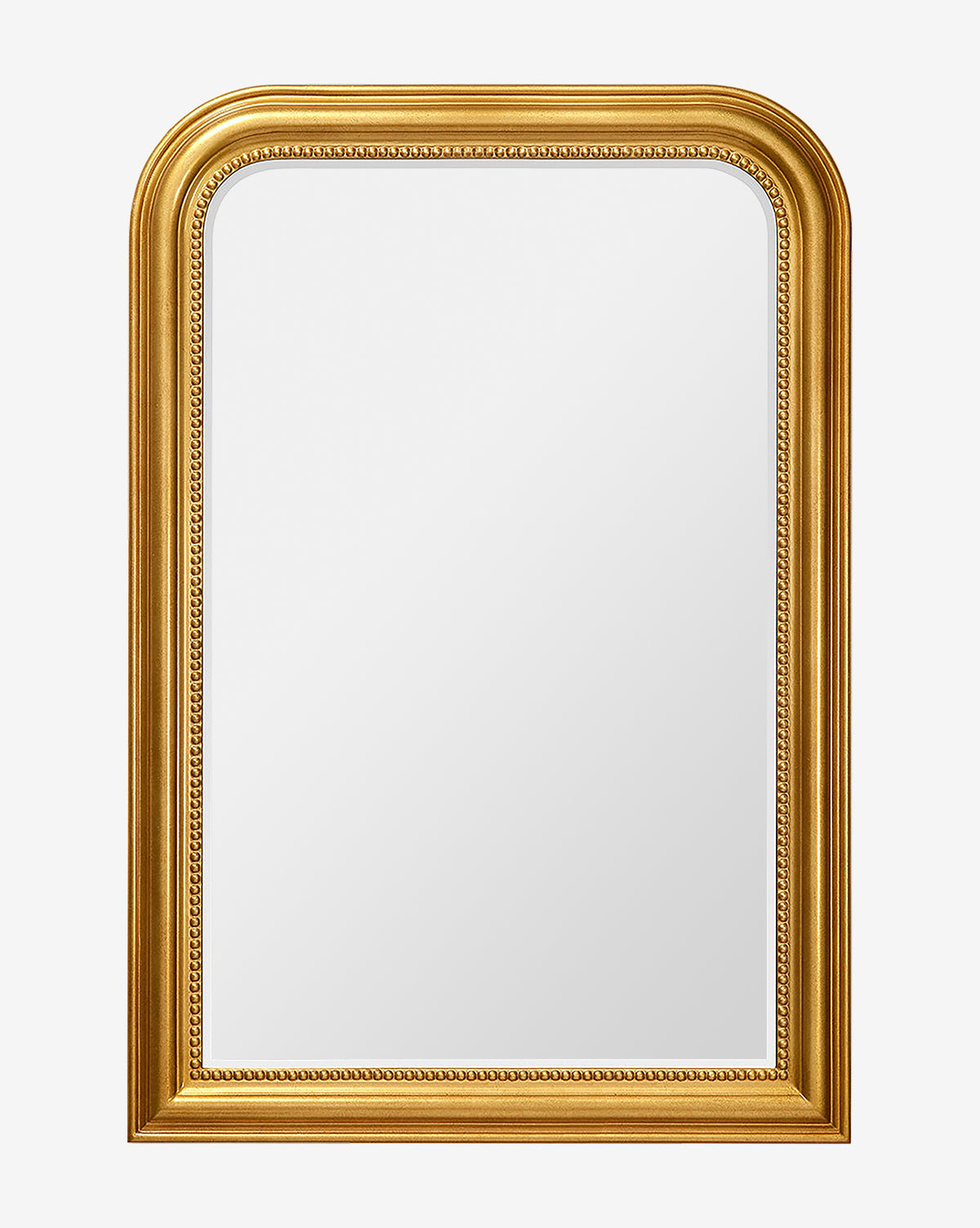 The Vienna Mirror is a rectangular mirror with rounded top edges, featuring an ornate gold-leaf frame and beaded detailing along the molded border. It is shown reflecting a plain white background, by McGee & Co.