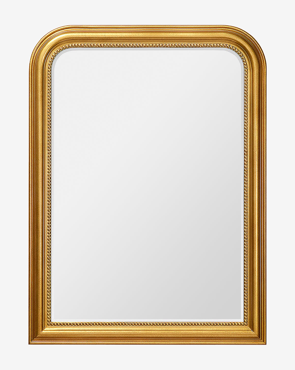 The Vienna Mirror is rectangular with a rounded top, featuring an ornate gold-leaf finish, decorative inner beading, and a timeless molded border that stands out against a plain white background, by McGee & Co.