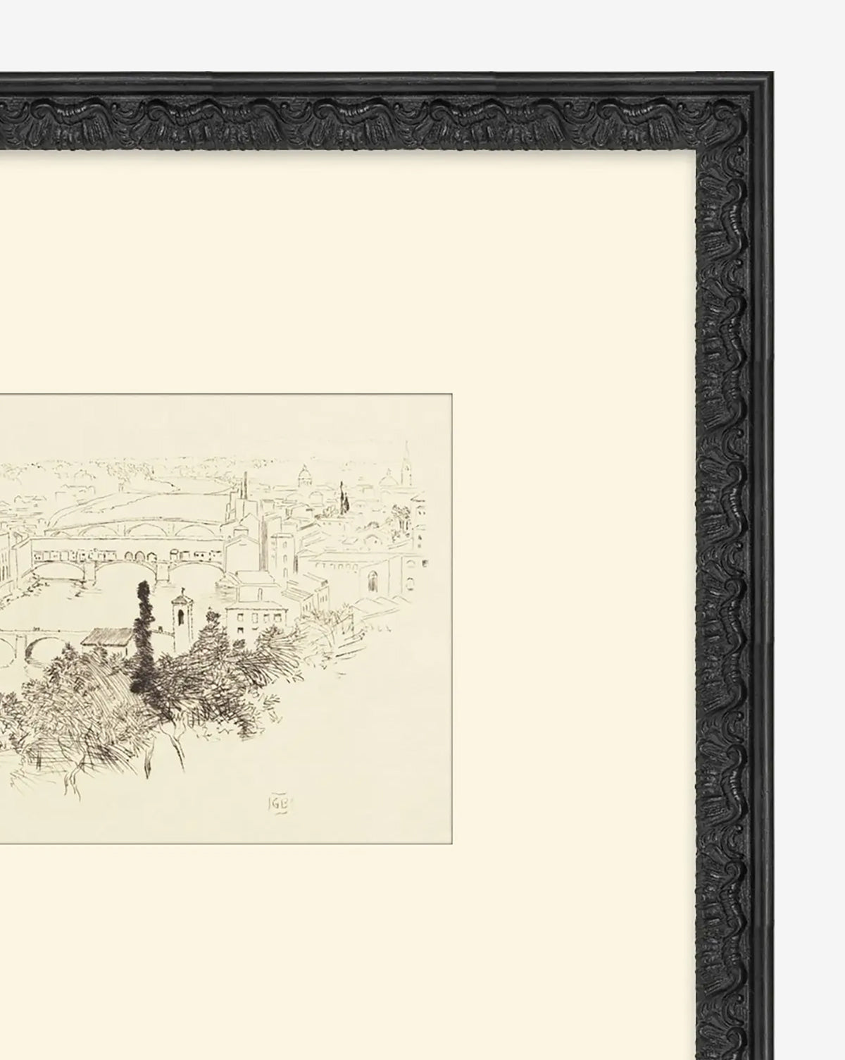 The View From Florence is a framed black-and-white cityscape sketch showing buildings, bridges, and trees on matte paper, partially visible behind a cream mat and ornate dark frame by McGee & Co.