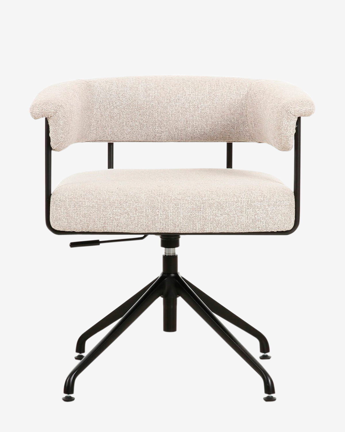The Viggo Desk Chair features a beige upholstered seat and backrest, black metal frame, four-legged black swivel base, and adjustable height lever, shown against a white background, by McGee & Co.