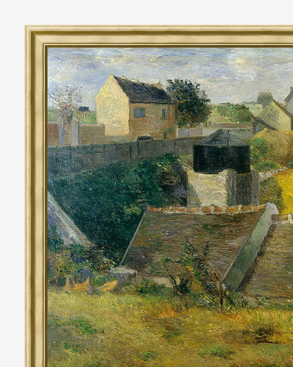 Village Impression features a vintage-style frame around an impressionistic painting of houses, greenery, and a stone bridge under a partly cloudy sky, depicted with earthy, muted tones.