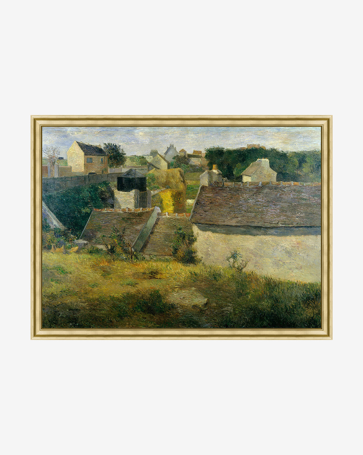 Village Impression is a framed painting portraying an impressionistic rural landscape of houses with sloped roofs, green grass, and trees beneath a cloudy sky, creating a peaceful countryside atmosphere.