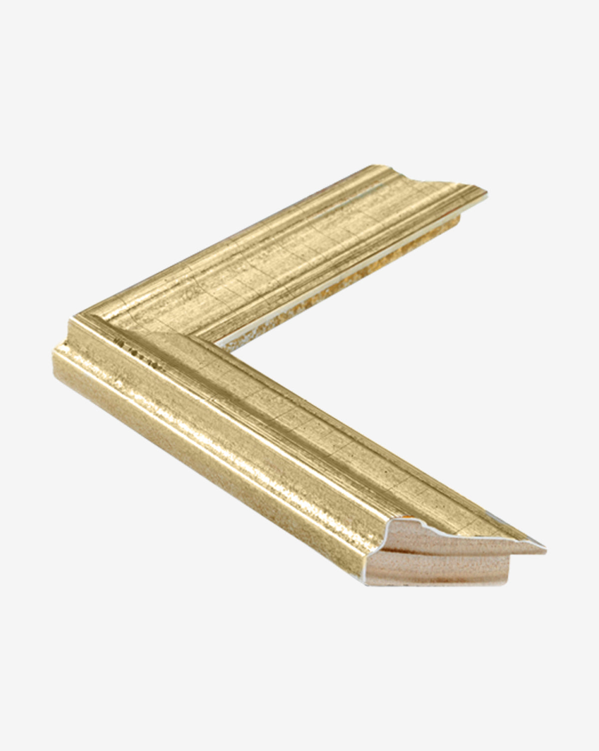 A gold-colored, L-shaped Village Impression picture frame corner sample with a textured, vintage-inspired design, displayed against a plain white background.