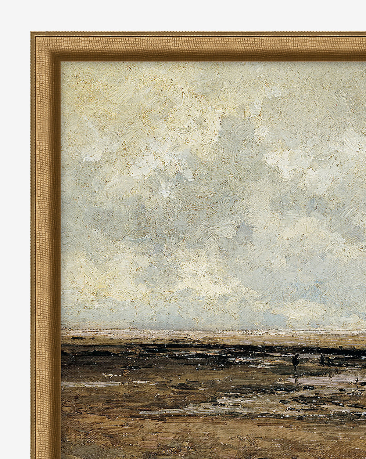 Villerville Beach is a textured oil painting in a gold frame showcasing the flat landscape and cloudy sky—ideal for adding depth to your gallery wall or decorating small spaces.