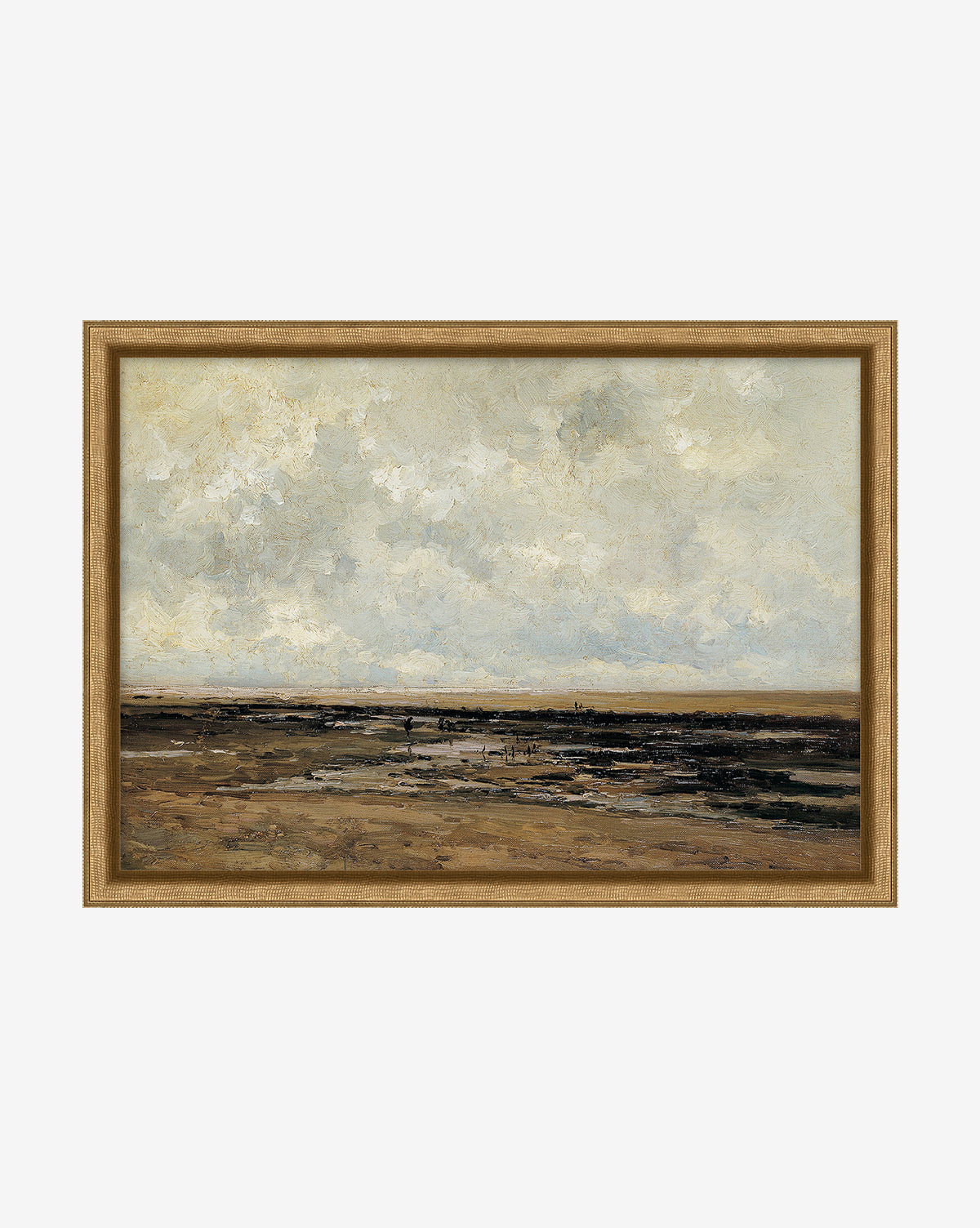 Villerville Beach framed painting features a flat, brown landscape under an overcast sky with thick, textured clouds—ideal for bringing a moody, serene vibe to small spaces or adding interest to your gallery wall.