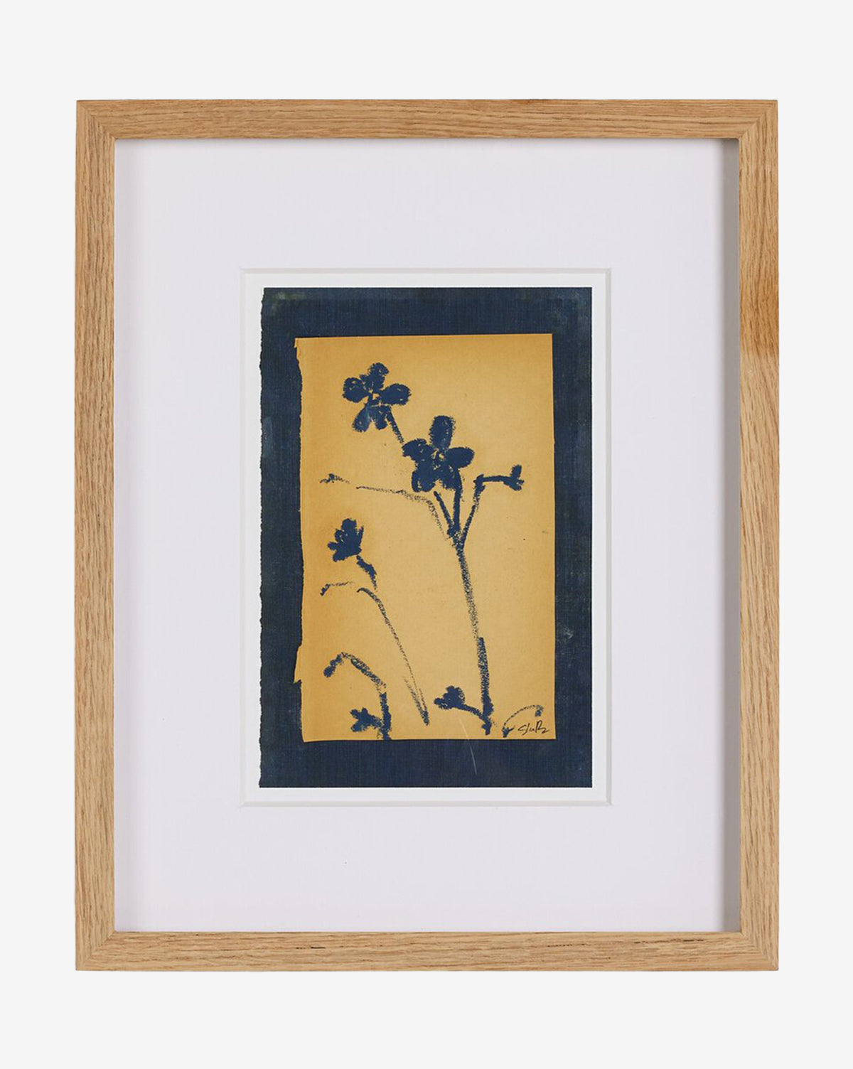 Vintage Blue Daisy by Shaina Page: Framed botanical print with blue daisies and stems on yellow, dark blue border, oak frame with white mat, printed on fine art paper, by McGee & Co.