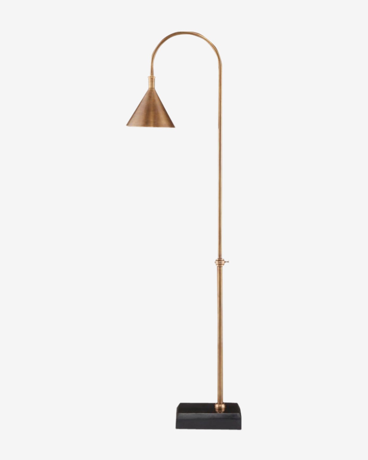 The Vision Floor Lamp features a tall, slender design with a curved neck, cone-shaped brass shade, and rectangular black base, shown against a plain white background, by McGee & Co.