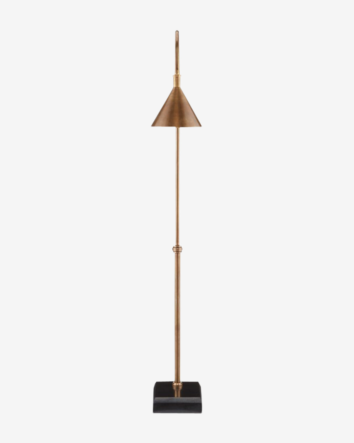 The Vision Floor Lamp features a tall, slender design with a conical brass shade, gold metal stand, and rectangular black base, showcased against a plain white background by McGee & Co.