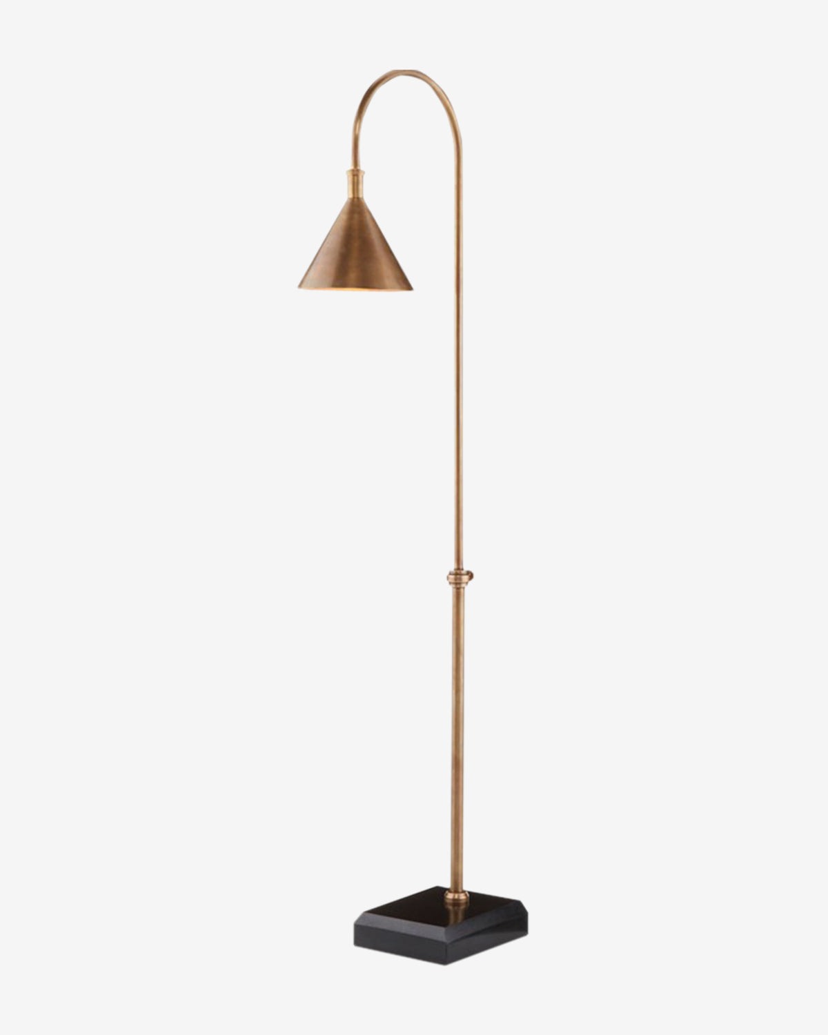 The Vision Floor Lamp by Currey & Co. features a tall, slender silhouette with a curved brass stem, cone-shaped brass shade, and square black base, reminiscent of a vintage floor lamp against a plain white background. McGee & Co.