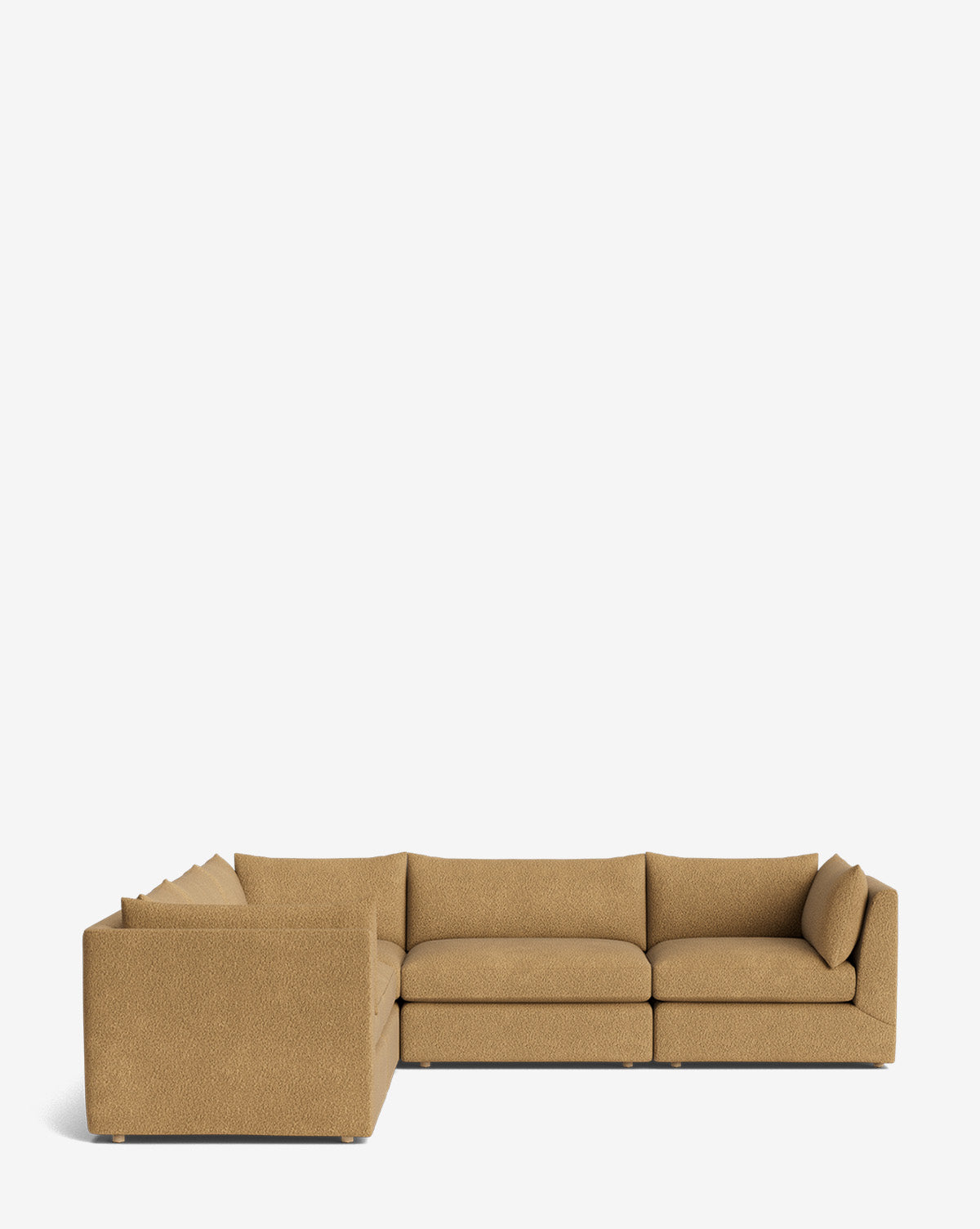 The Makerspalm Vivienne Modular L Sectional features a tan design with three seat cushions on the long side, two on the short side, and low backs and armrests, shown against a plain white background. McGee & Co.