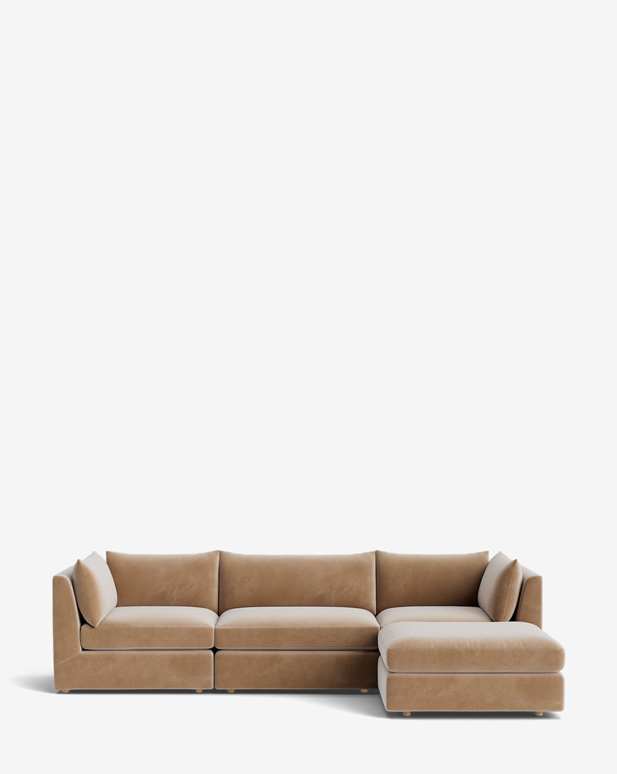 The Vivienne Modular Sofa with Ottoman is an L-shaped modern design in light brown fabric, featuring plush cushions and wide armrests, displayed against a plain white background by McGee & Co.