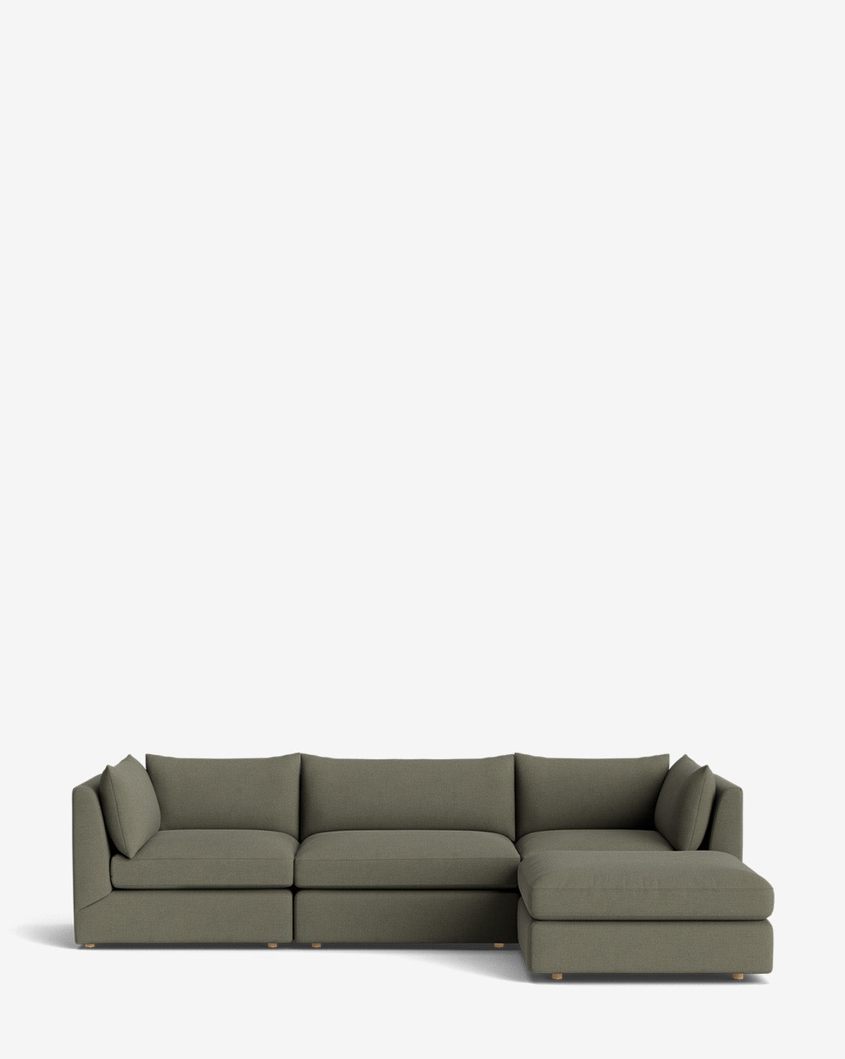 The Vivienne Modular Sofa with Ottoman is a modern olive-green piece featuring clean lines, low-profile cushions, a right-facing chaise lounge, and an ottoman, shown against a plain white background by McGee & Co.