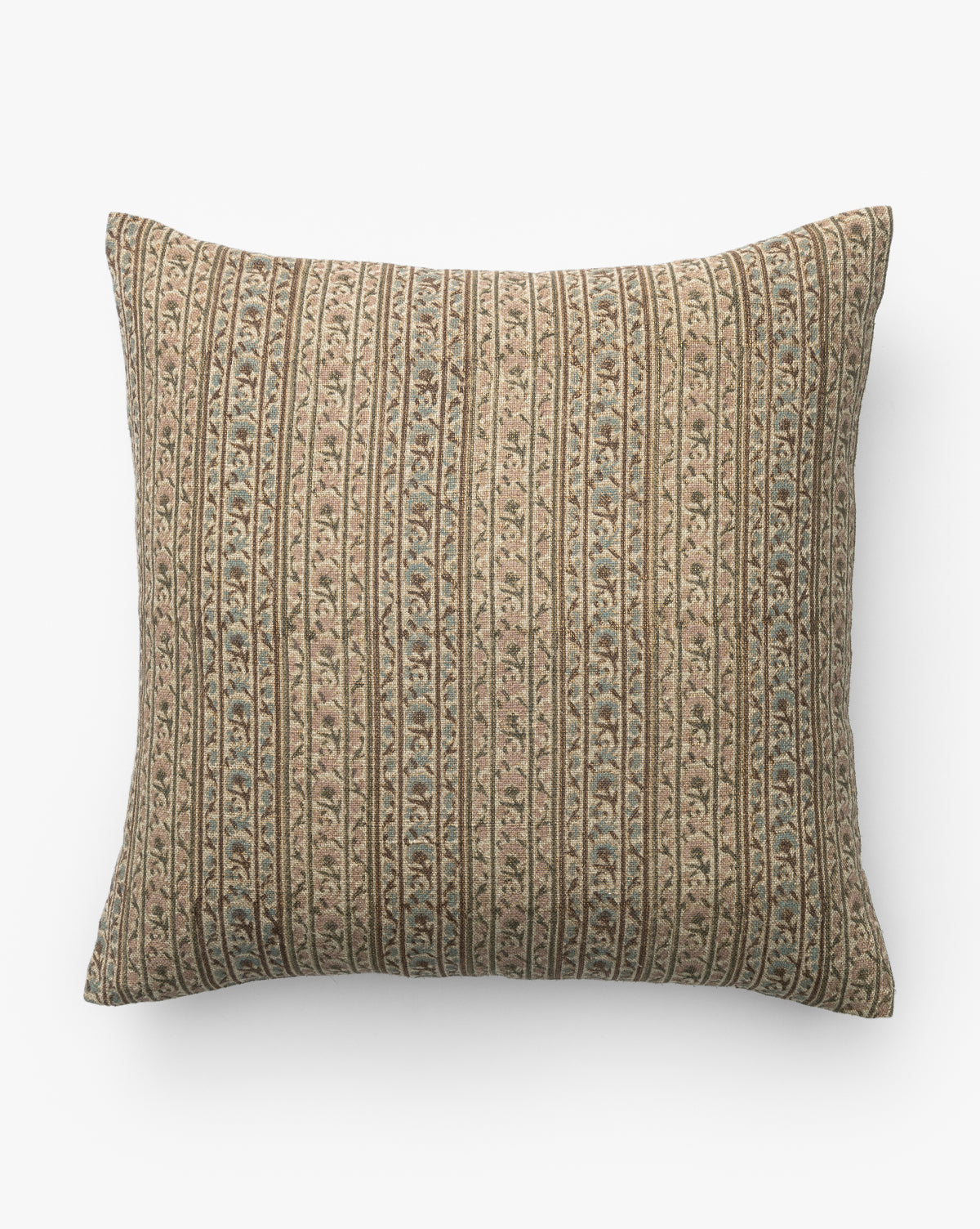 The Wakefield Pillow Cover features a square linen design with a beige background, vertical muted blue and brown stripes, and an intricate floral pattern between the stripes, by McGee & Co.