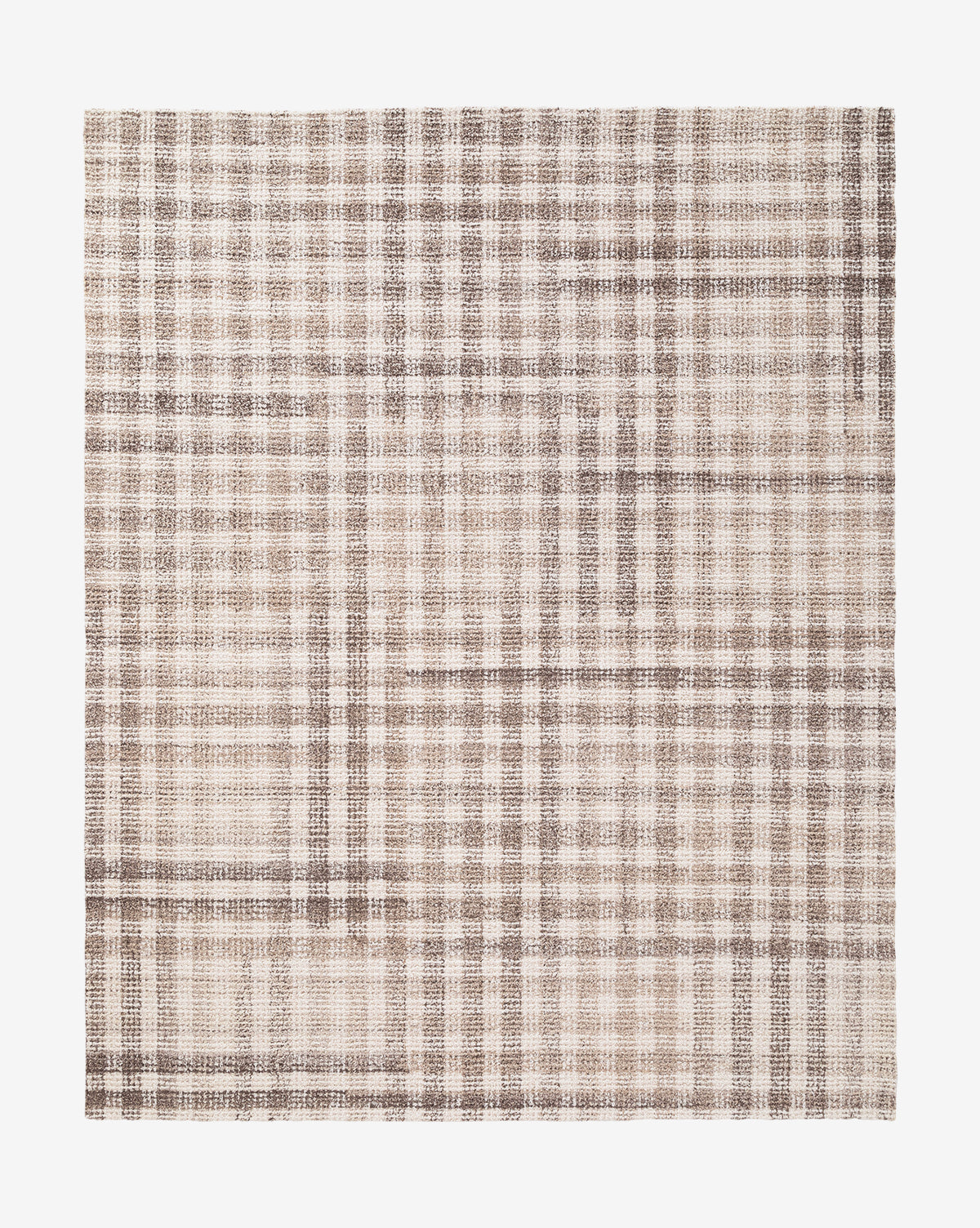 The Walter Hand-Tufted Wool Rug is a square rug with a plaid pattern of intersecting beige, brown, and cream lines, offering a textured, neutral-toned design by McGee & Co.