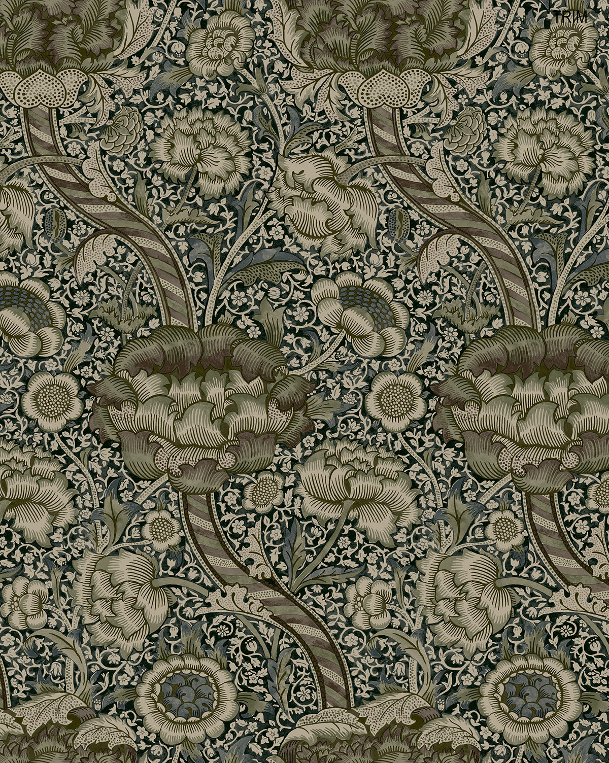 The Morris & Co. x McGee & Co. Wandle Wallpaper by Sanderson Design Group, Inc. features an ornate vintage floral pattern in muted greens and browns, with large blooms, winding stems, and dense leafy details inspired by classic Morris & Co. designs—McGee & Co.