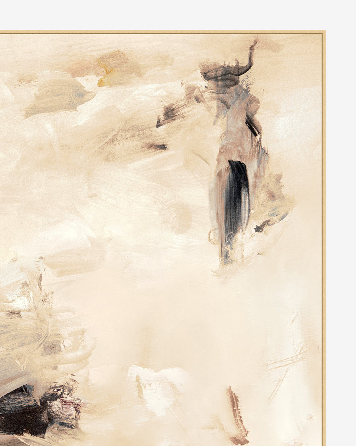 Warm Abstract painting with soft beige and brown brushstrokes, blurred shapes, and a subtle human-like form on the right—ideal as inviting wall art or a statement giclee canvas.