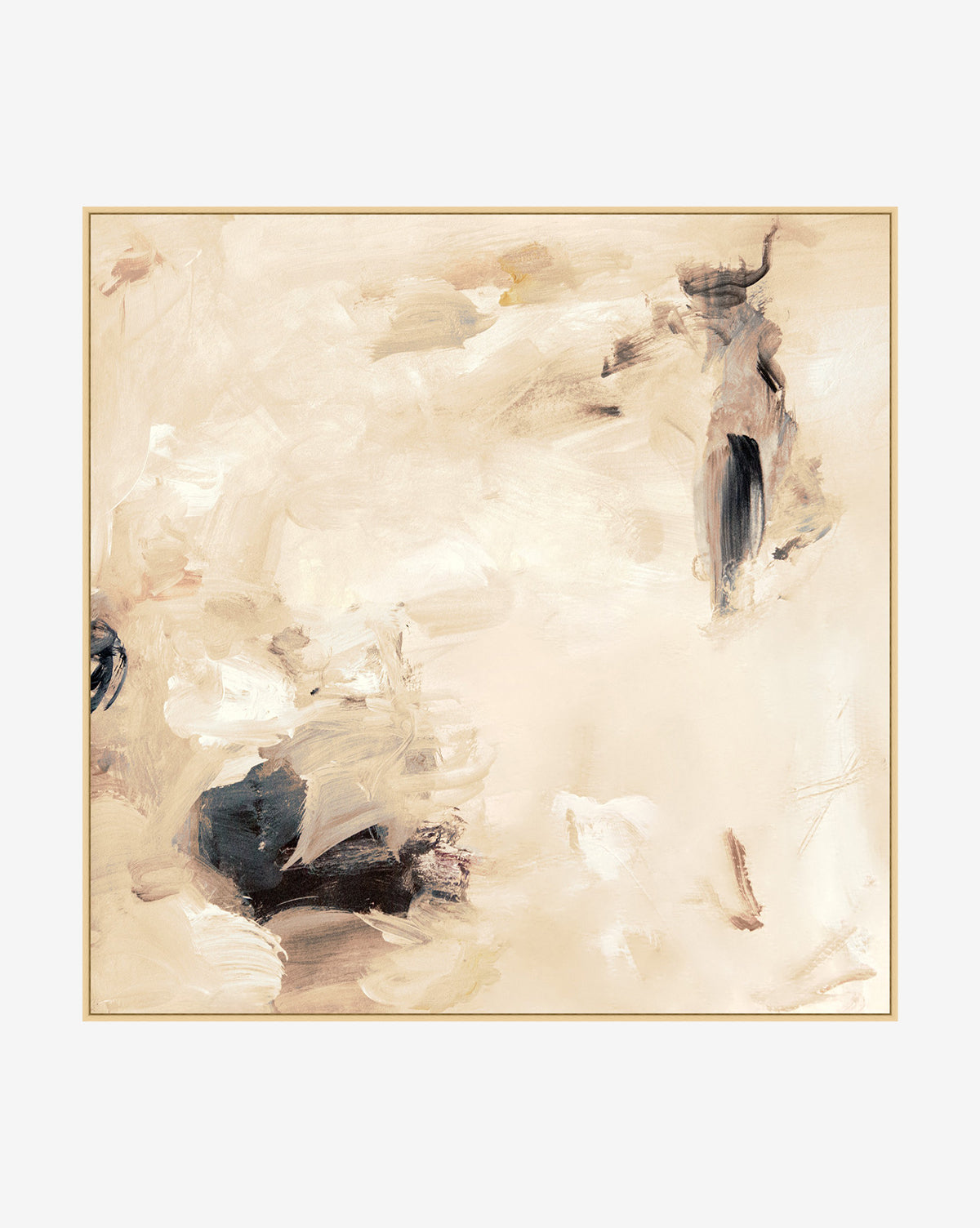 Warm Abstract is a large, neutral artwork featuring soft, swirling beige, cream, and brown tones with dark accents; its minimal, airy composition comes framed in gold.