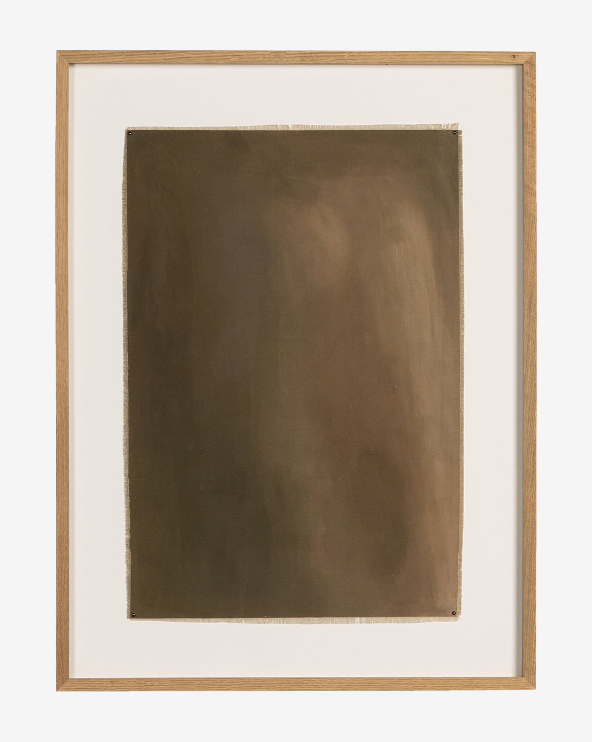 “A Hint of Glimmer” by Melody Joy McMunn is a framed abstract wall art featuring earth-toned, textured canvas on white, set in a sleek white oak frame.