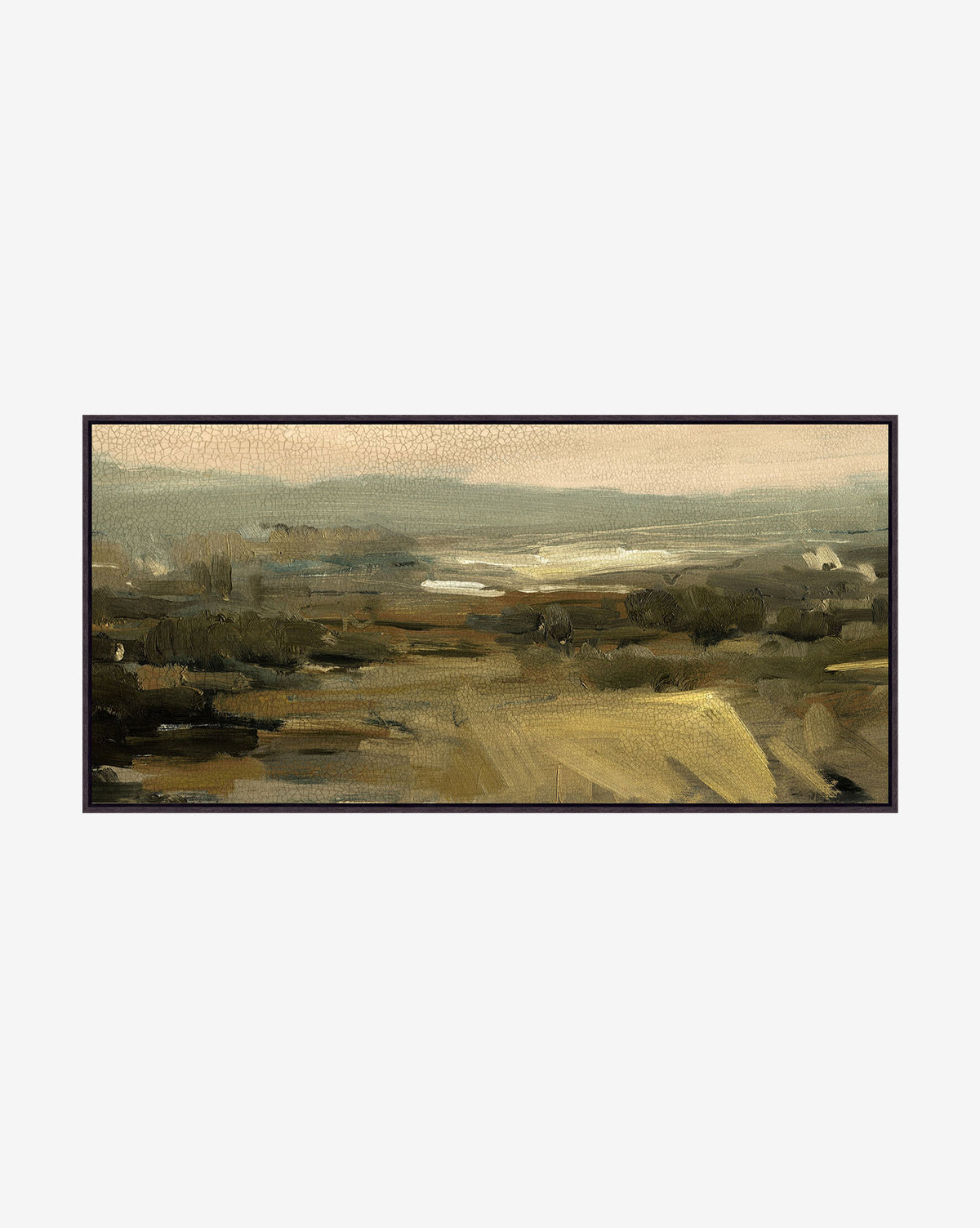 Warm Valley is a giclee print featuring abstract brushstrokes in muted earth tones that suggest rolling hills, fields, and a hazy sky—perfect as stunning framed wall art.