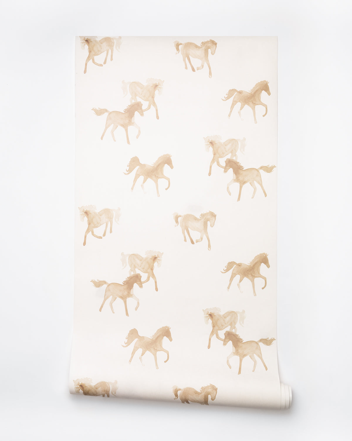 Artistic wallpaper with watercolor horses running in soft taupe and beige hues, perfect for cozy interiors by McGee & Co.