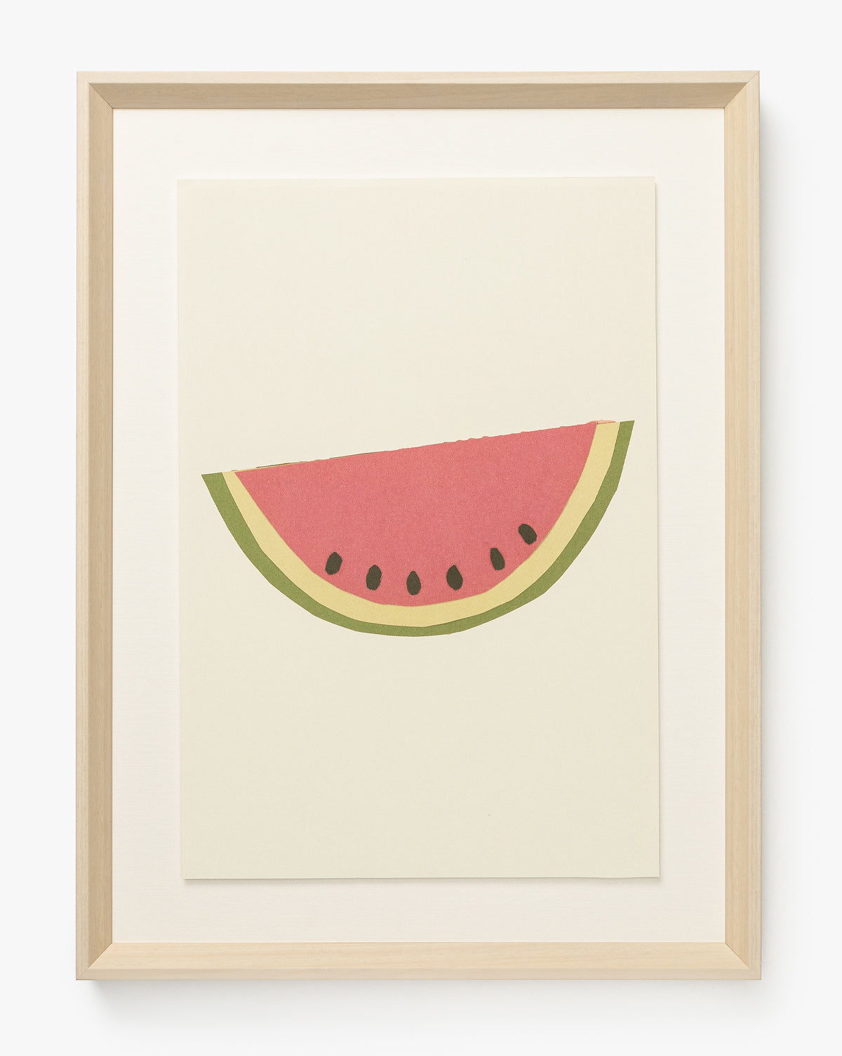 Watermelon Collage: A minimalist illustration with a red center, green rind, and black seeds, available as a giclee print in a light wooden frame—ideal for adding color to kids’ rooms, by McGee & Co.