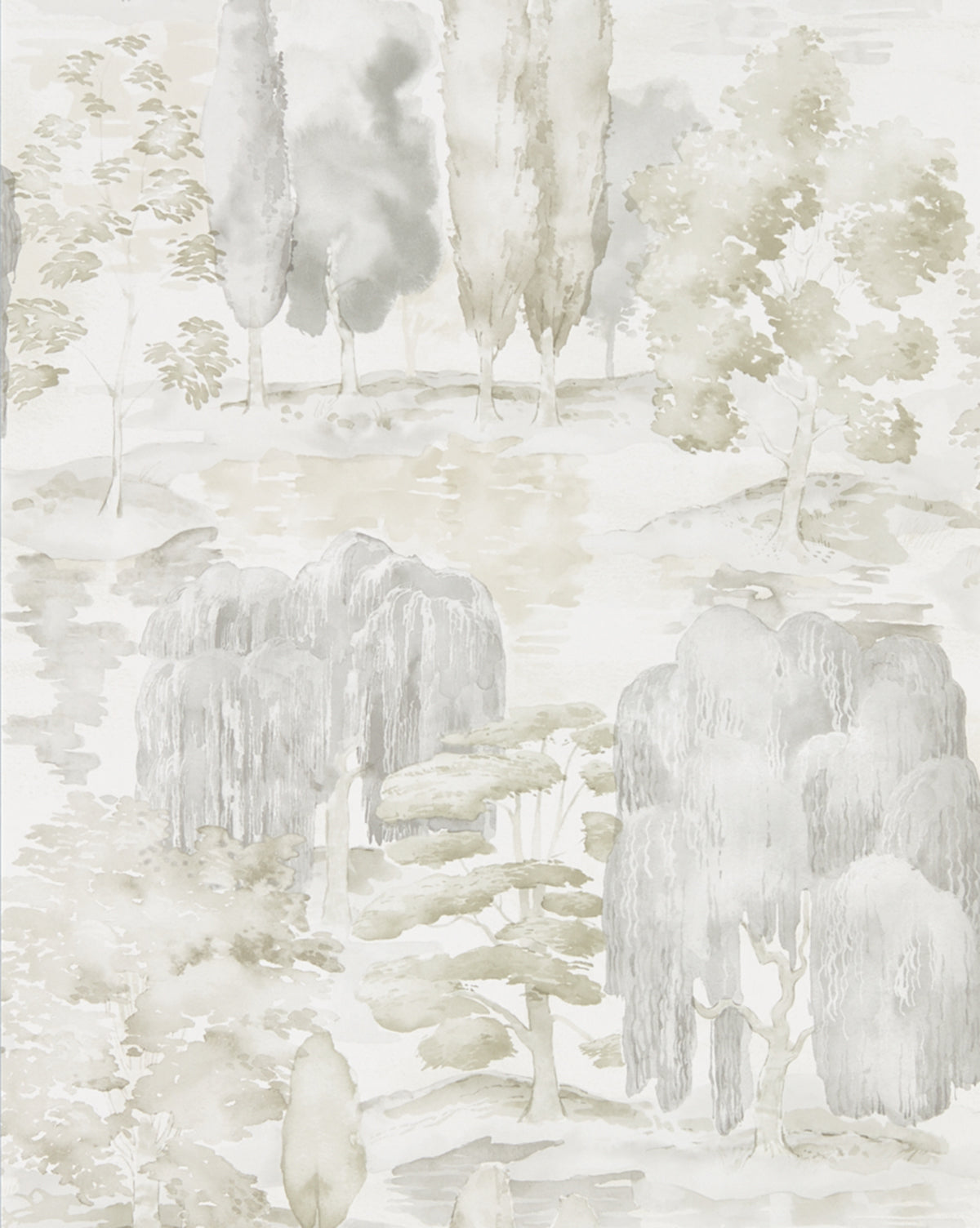 Sanderson Design Group, Inc.s Waterperry Wallpaper features watercolor-inspired willows and tall poplars in soothing green and gray tones, creating a calm, dreamy atmosphere with a classic aesthetic. McGee & Co.