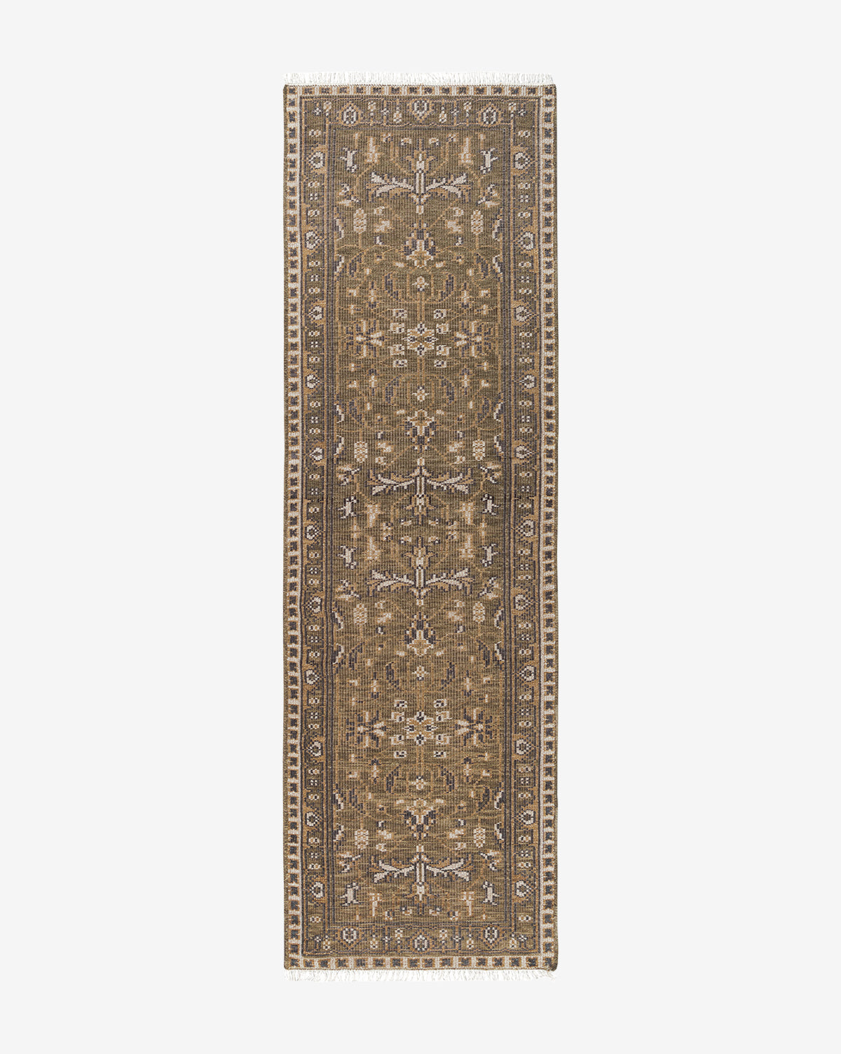 The Wayland Hand-Knotted Wool Rug is a long, rectangular brown rug with an intricate symmetrical pattern of floral and geometric designs, finished with a detailed border on all sides, by McGee & Co.