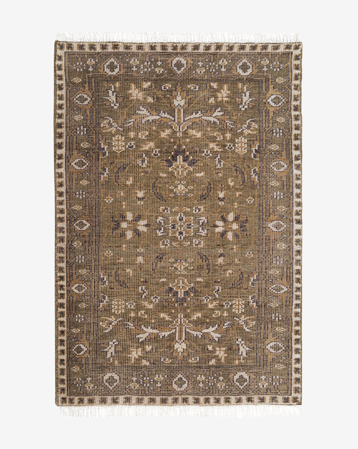 The Wayland Hand-Knotted Wool Rug is rectangular, featuring symmetrical floral and geometric patterns in brown and beige, a detailed border, and short white fringe on the ends, by McGee & Co.
