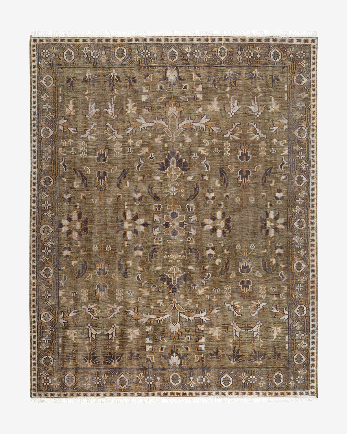 The Wayland Hand-Knotted Wool Rug is a square, olive-green rug featuring an intricate symmetrical floral and geometric pattern in beige, brown, and cream with a decorative border and fringed edges, by McGee & Co.