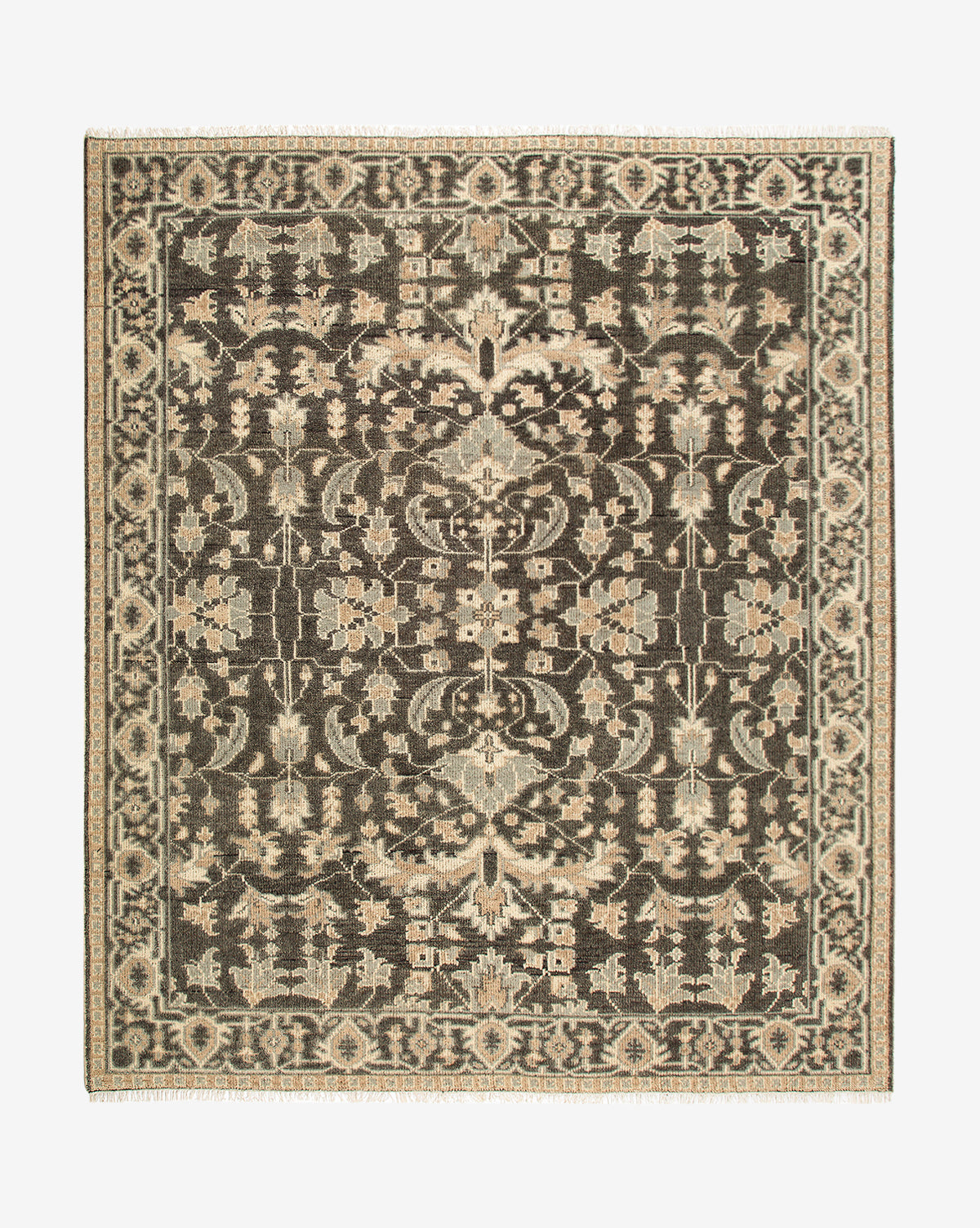 The Wayland Hand-Knotted Wool Rug features a square shape with an intricate floral and geometric border in brown, beige, and cream. Its symmetrical design includes stylized flowers and leaves for a refined, artisan look by McGee & Co.