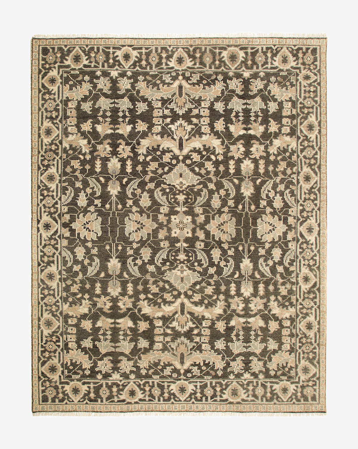 The Wayland Hand-Knotted Wool Rug features an intricate floral and vine pattern in brown and beige, a symmetrical central design, and a decorative border—expertly crafted for elegant appeal, by McGee & Co.