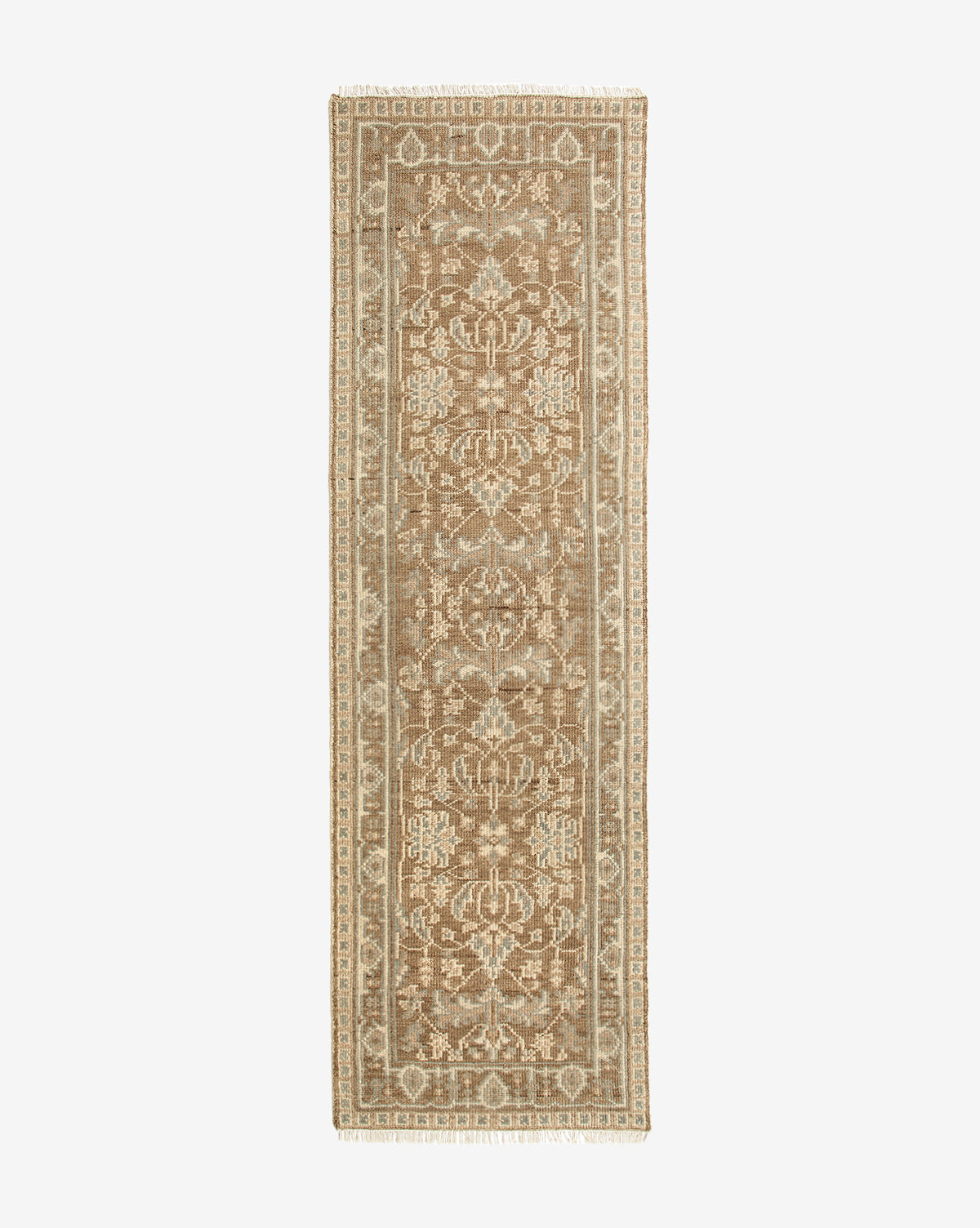 The Wayland Hand-Knotted Wool Rug runner features a rectangular shape in beige and brown with an intricate, symmetrical floral and geometric pattern framed by a lighter decorative edge, by McGee & Co.