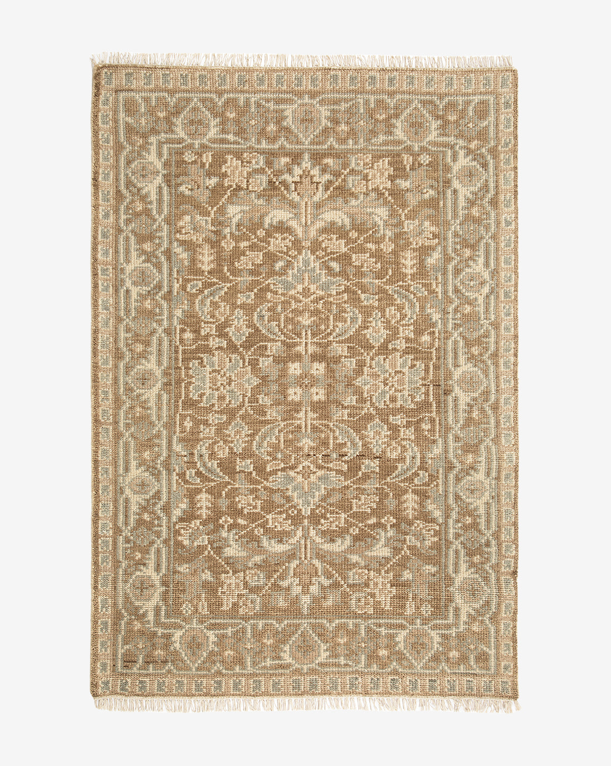 The Wayland Hand-Knotted Wool Rug is a rectangular wool rug in brown and beige, showcasing a traditional pattern with a central medallion, detailed floral and geometric motifs, and decorative fringed edges, by McGee & Co.