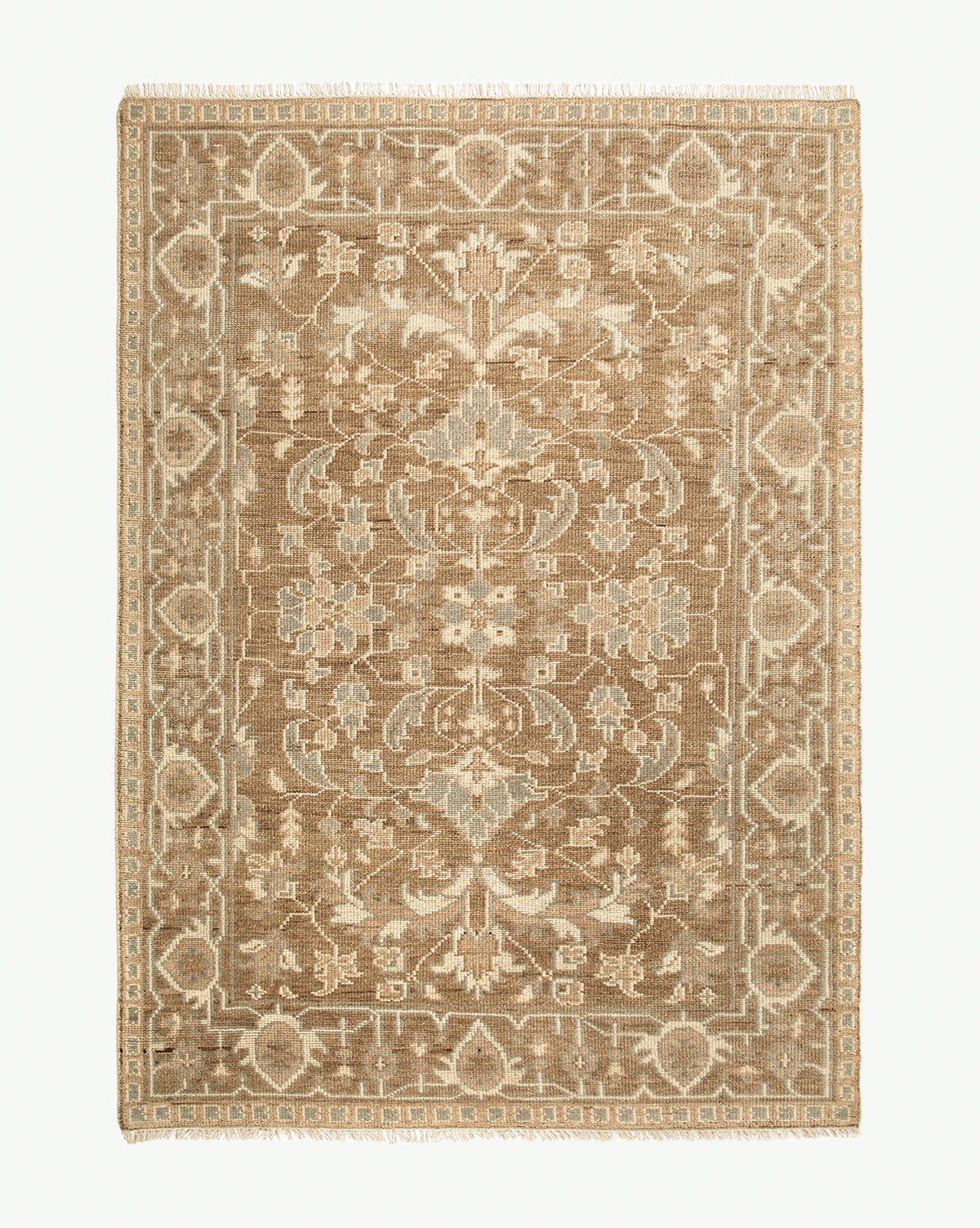 The Wayland Hand-Knotted Wool Rug features intricate, symmetrical floral and geometric patterns in tan, beige, and light blue tones with a wide decorative border, adding timeless elegance to your space, by McGee & Co.