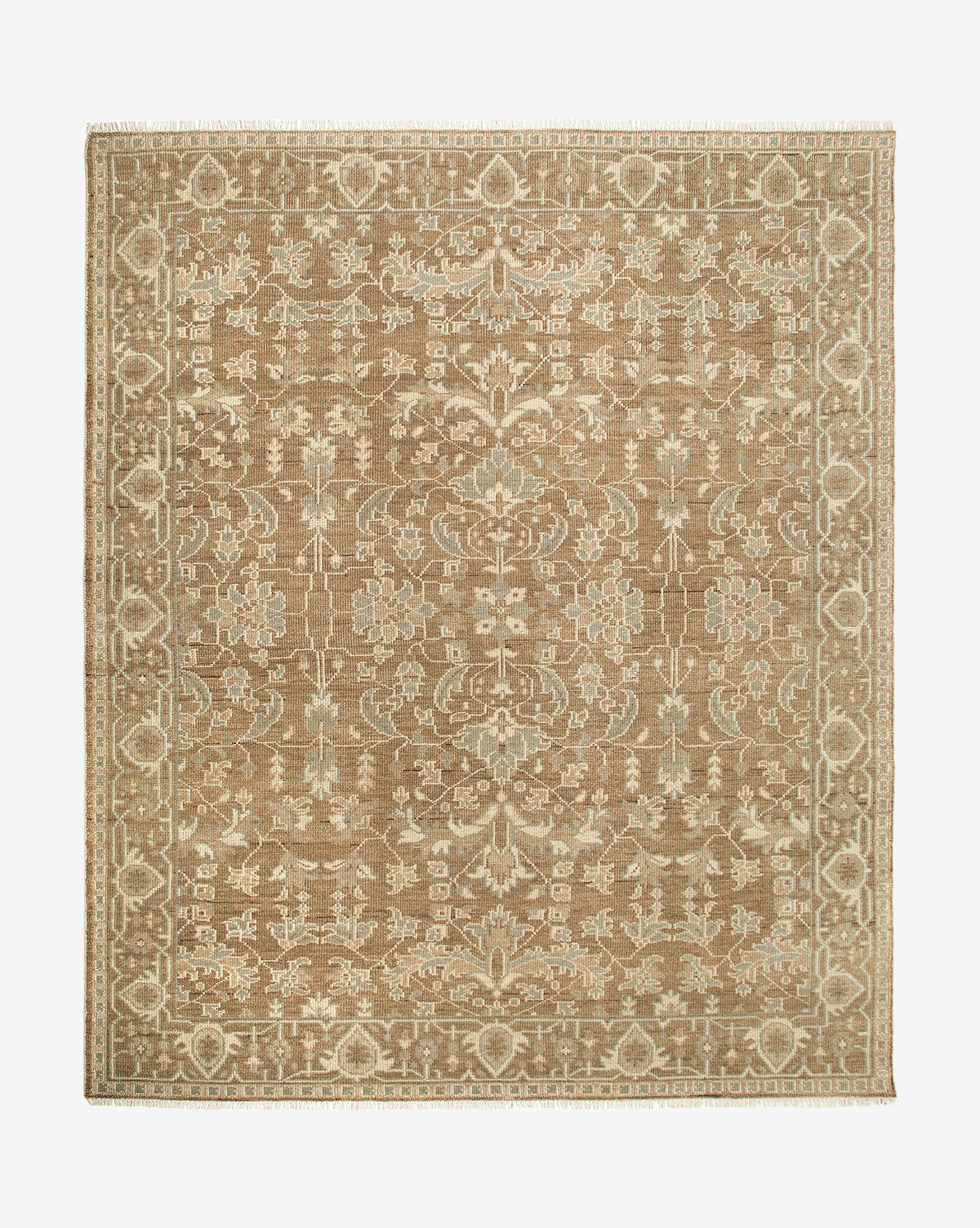 The Wayland Hand-Knotted Wool Rug is a rectangular beige and brown piece with an intricate, symmetrical floral and vine pattern and a decorative border, offering a traditional, vintage-inspired look, by McGee & Co.