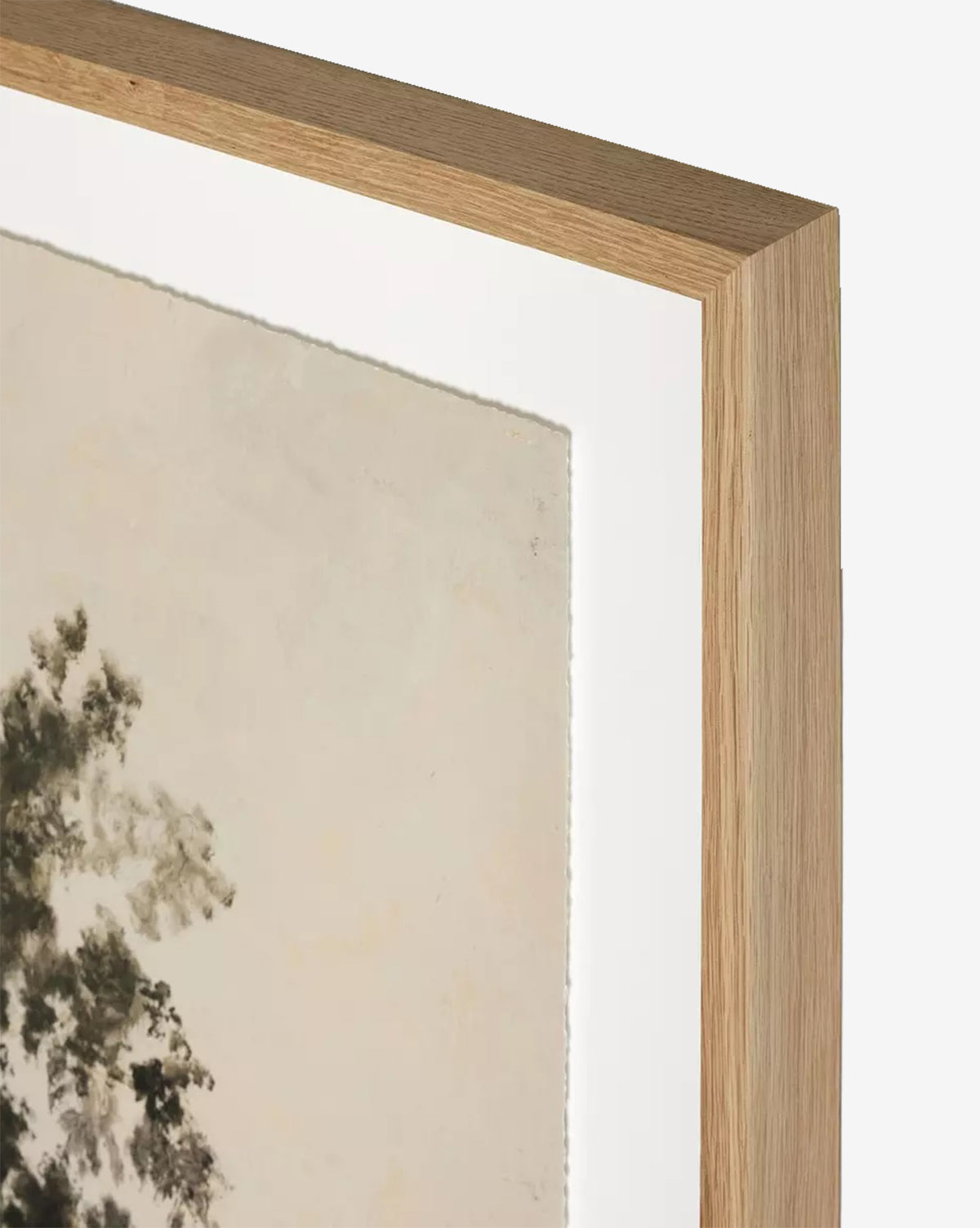 Close-up of the framed wall art We Woke To A Dream by Aileen Fitzgerald, featuring a light white oak frame and part of a serene landscape with muted colors and foliage on the left against a pale background, by McGee & Co.