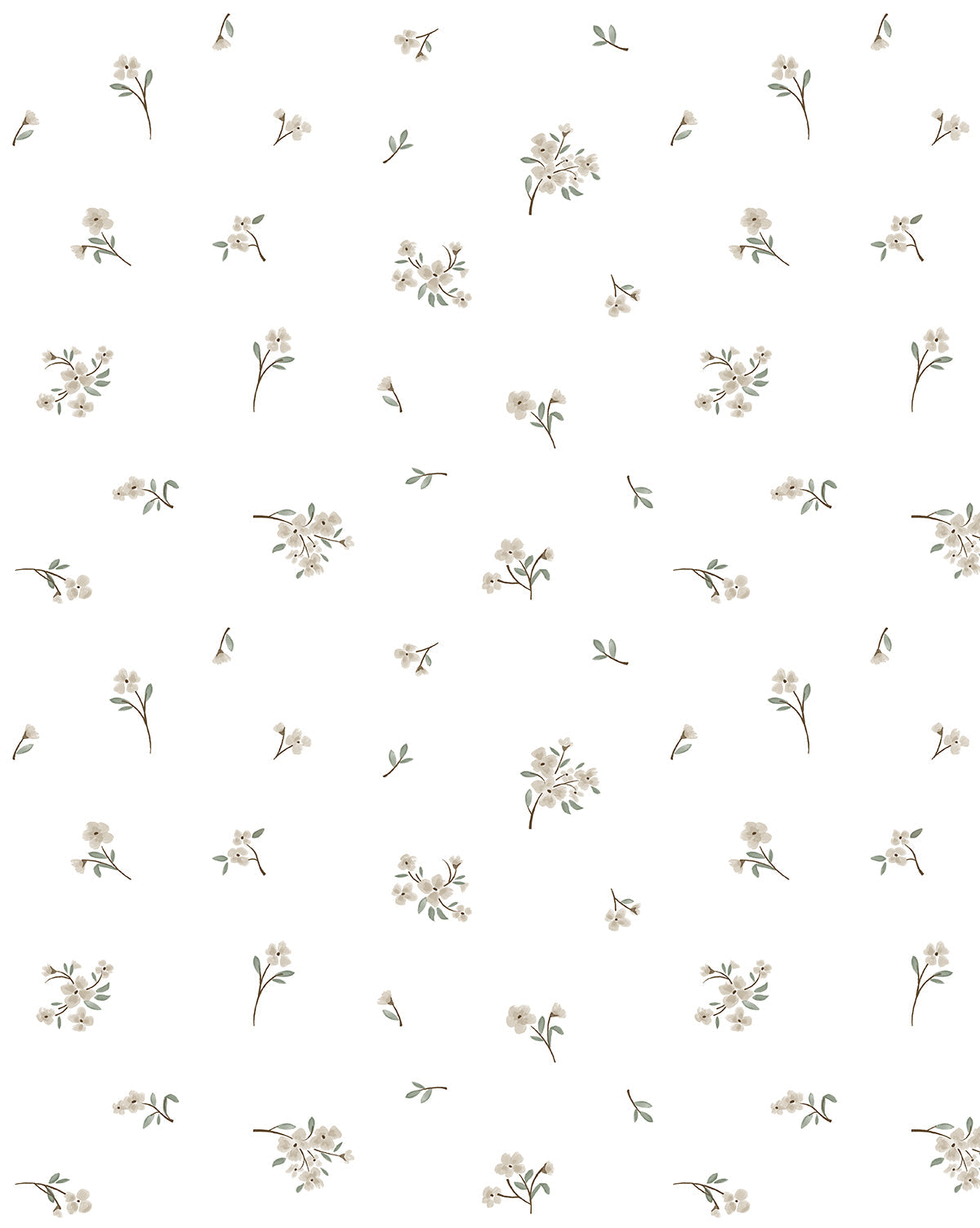 The Wembley Floral Wallpaper features small beige flowers and green leaves scattered on a white background, creating a minimalistic and elegant design—a timeless choice for any space, by McGee & Co.