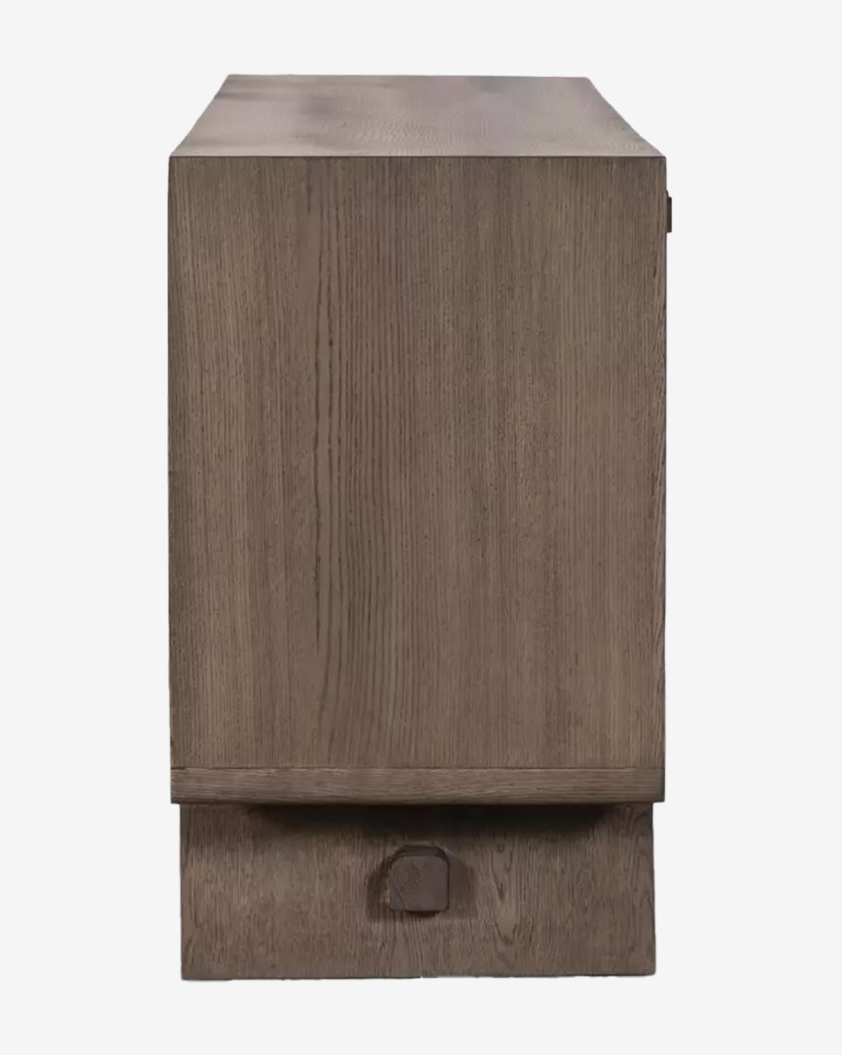 Side view of the Werner Aged Oak Sideboard, showcasing its rectangular shape, smooth surface, visible wood grain, sturdy base, minimalist design, and natural brown finish by McGee & Co.