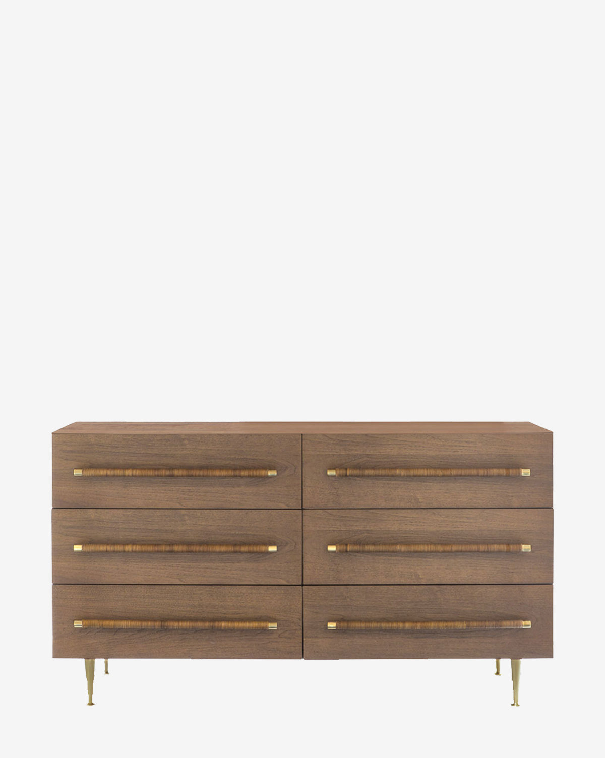 The Westlyn Dresser is a modern piece with six drawers, showcasing sleek rattan pulls and brass legs, all set against a plain white background, by McGee & Co.