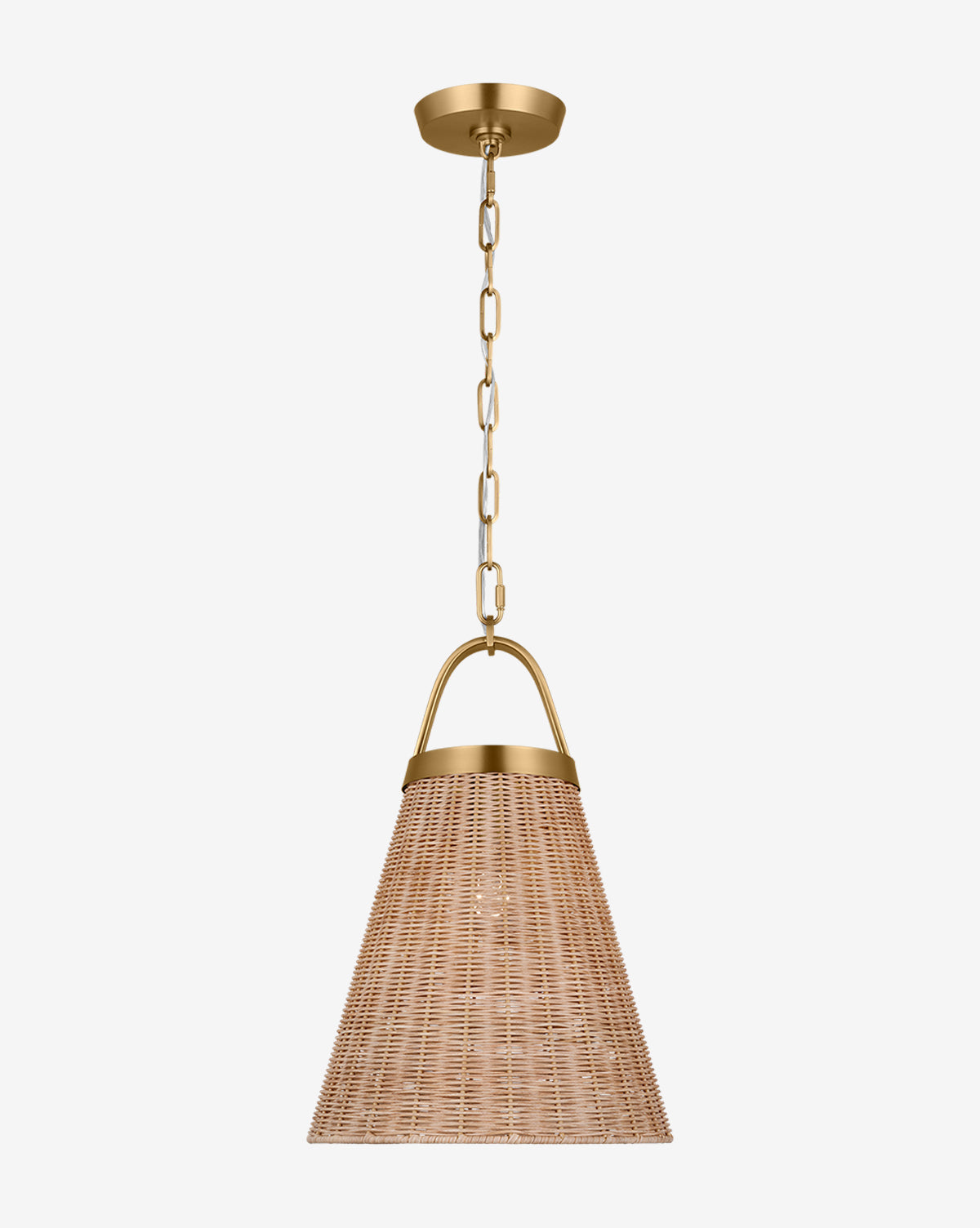 The Whitby Pendant, a modern rattan light with a conical wicker shade and gold chain suspension, adds natural elegance and organic lighting to any room against a simple white backdrop, by McGee & Co.