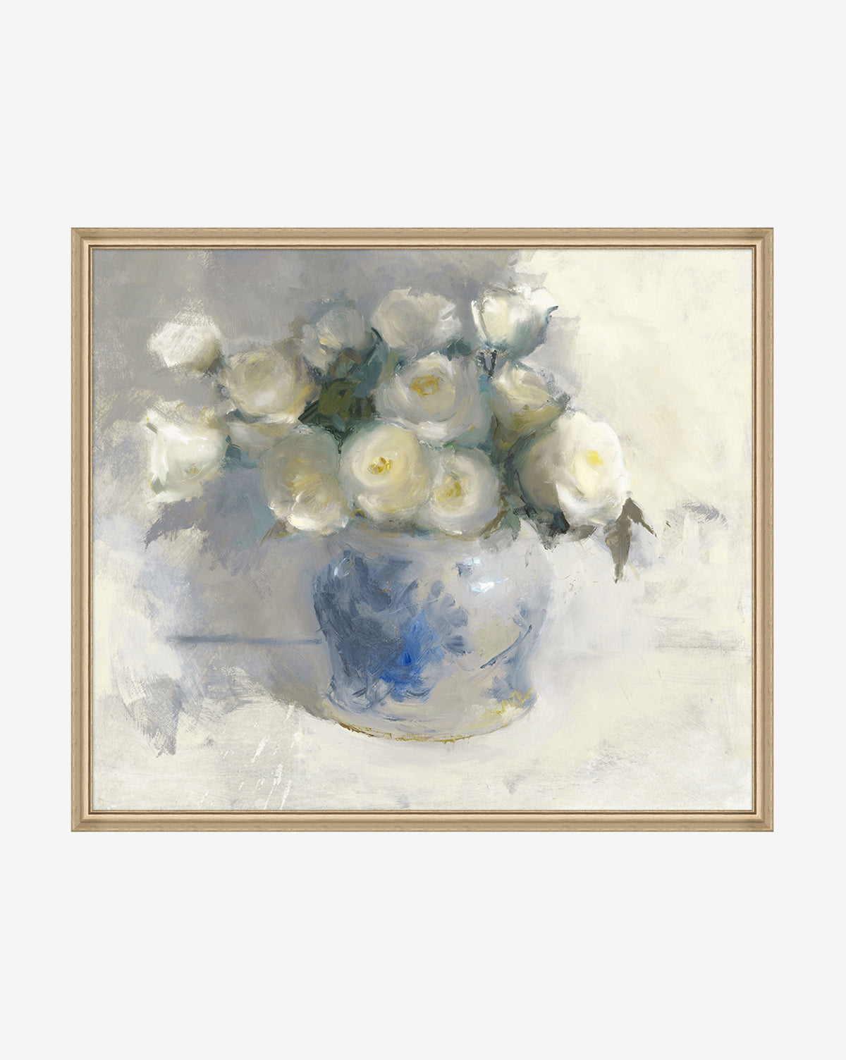 White Camellias by Leslie Dyas: A framed giclee print featuring an impressionistic still life of white roses and camellias in a blue and white vase, set against a soft, light-colored background.