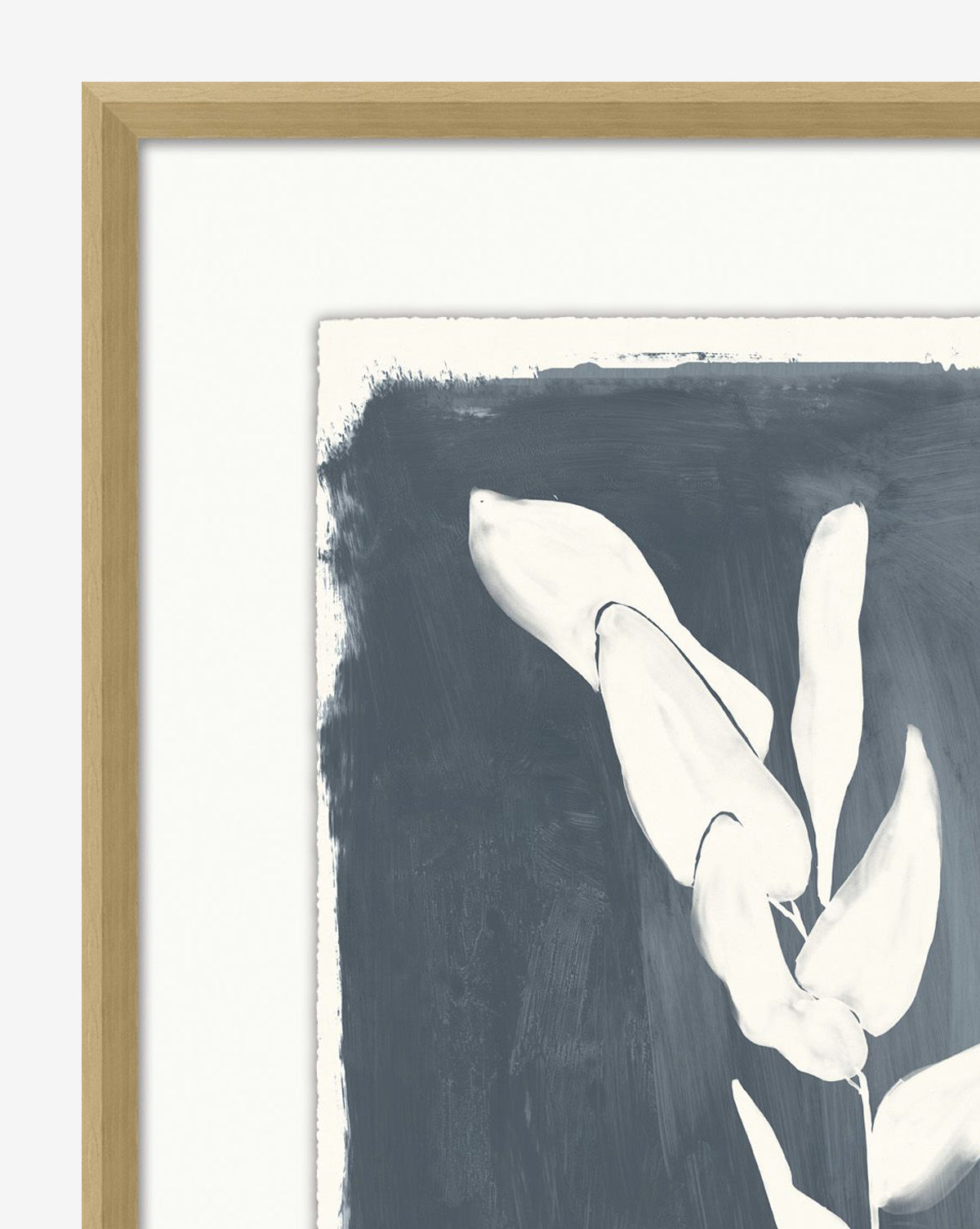 White Florals 4 is a minimalistic giclee print showcasing a white botanical motif on a dark gray background, enhanced with visible brushstrokes and set in a natural wood frame.