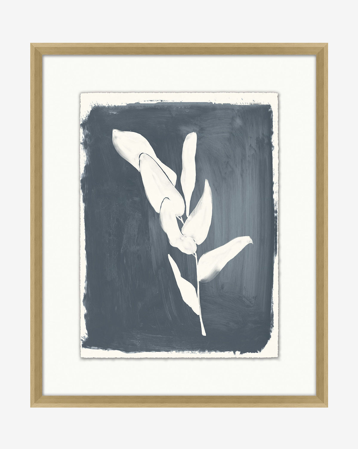 The White Florals 4 framed giclee print showcases a white botanical motif with leaves and stems on textured dark gray. A natural wood frame brings warmth and modern simplicity to this minimalistic artwork.