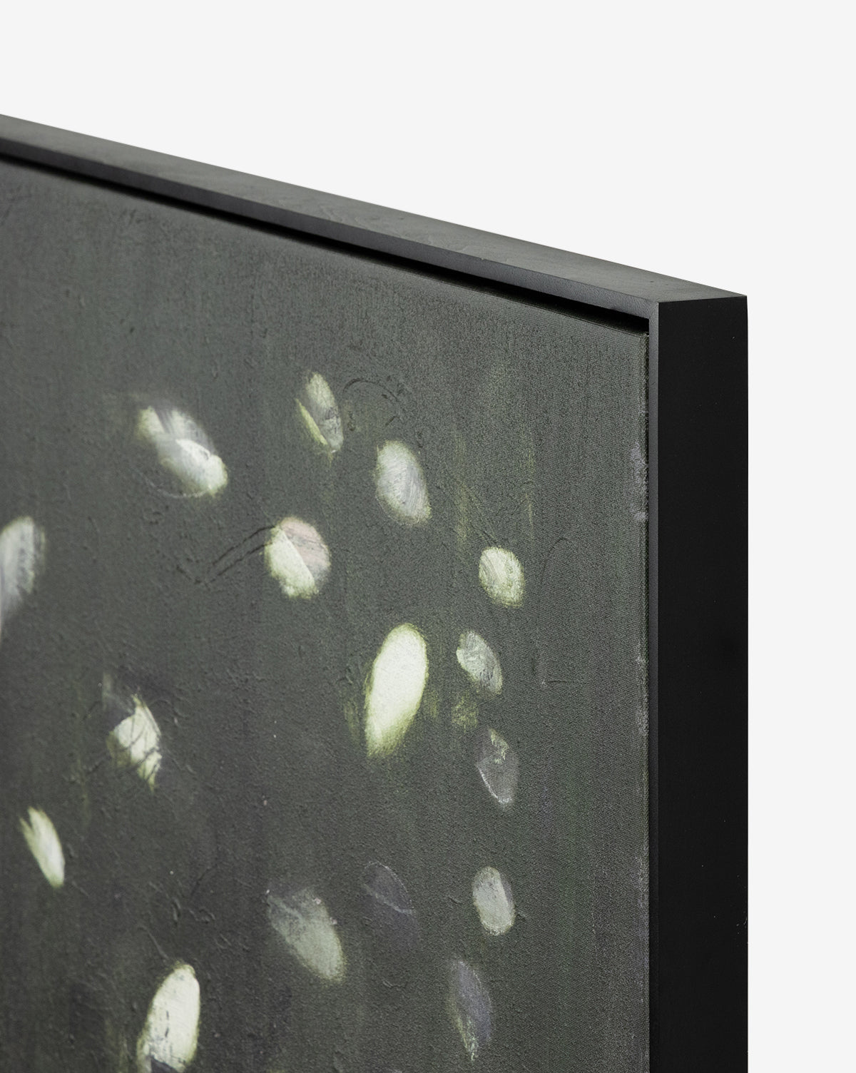 Close-up of Verde Oculus by Jamie Beckwith, shown in a black maple floater frame with a dark background and soft white oval shapes reminiscent of light reflections.