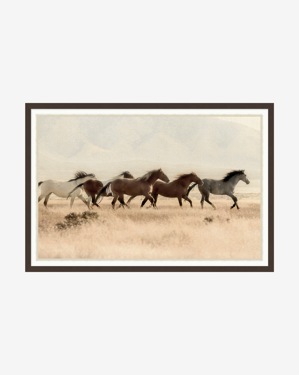 Wild Horses shows six horses running together across a dry, grassy plain with mountains behind them, captured in soft, muted tones and framed simply—ideal as striking horse décor or nature wall art.