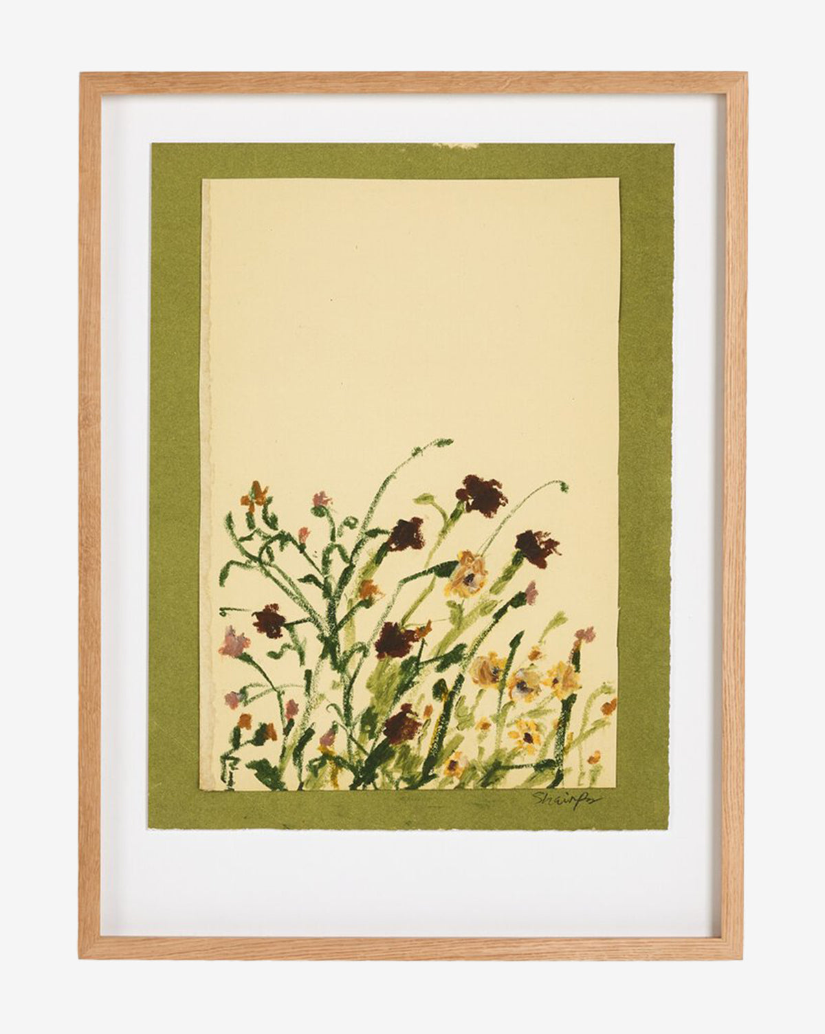 Wildflower Medley by Shaina Page is a framed artwork showcasing watercolor flowers with green stems and vibrant blossoms at the base, set on a pale yellow background with a green border in an elegant oak frame, by McGee & Co.