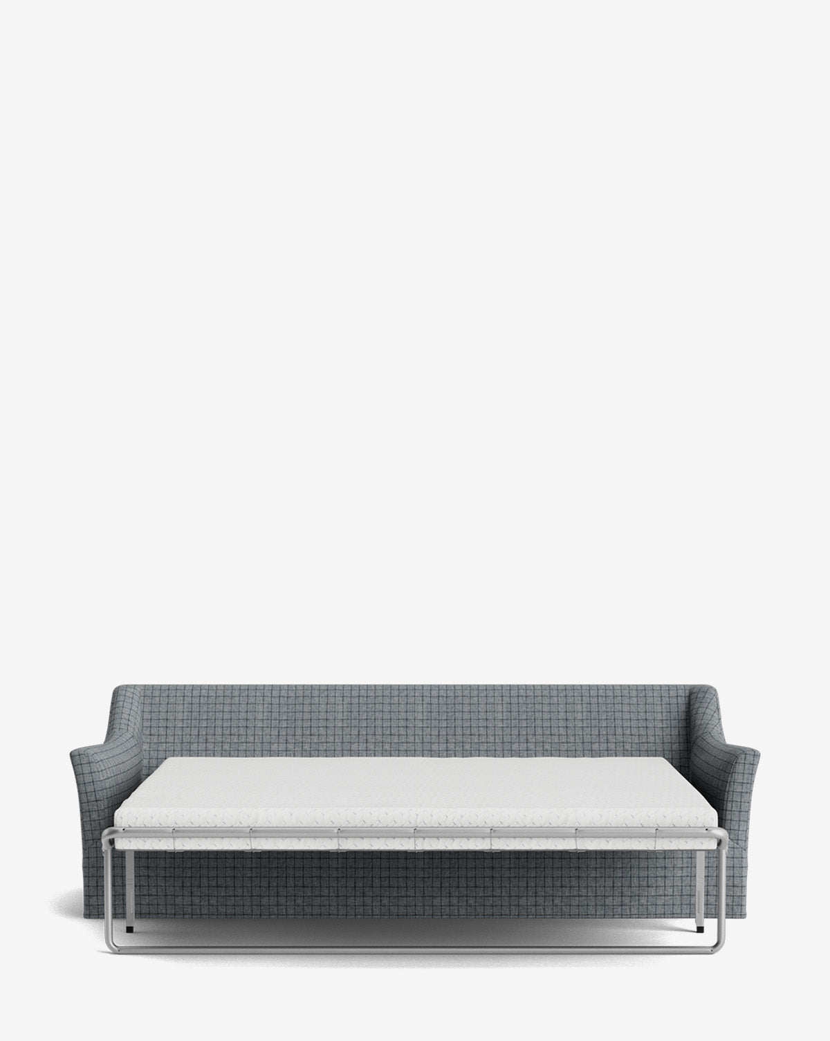 The Wilhelmina Slipcover King Sleeper Sofa, in modern gray grid-patterned fabric, extends into a white mattress to provide a comfortable bed solution against a plain white background by McGee & Co.