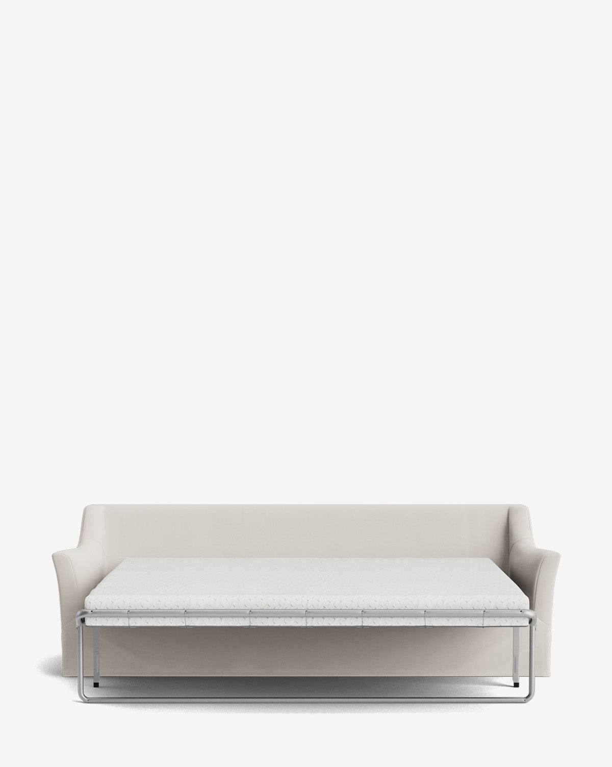 The Wilhelmina Slipcover King Sleeper Sofa features a light beige cover and a metal frame that pulls forward to reveal a spacious, comfortable sleeping surface, by McGee & Co. Set against a plain white background.